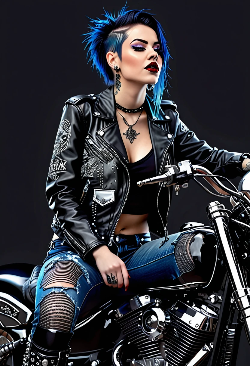 Generate an image of a gothic punk girl sitting on a high-powered motorcycle, the crystalline night sky serving as her reflective background as she confidently revs the engine with a menacing smirk, dripping with attitude. Possessing an eclectic mixed-match of intricate band tattoos, piercings, chained armor, bomber jacket, leather corset, fishnets, and strategic torn denim, she embodies a devil-may-care aura.