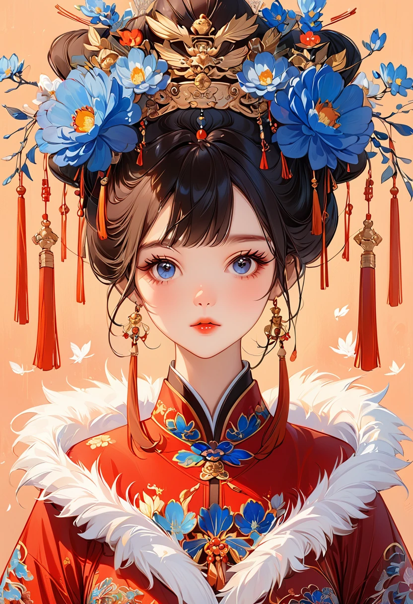 (masterpiece, best quality:1.2), 1 girl, alone，Queen of China，Has a beautiful face and big eyes, Wearing an ornate headdress with blue flowers and gold tassels. She is wearing a dark red Chinese dress，There is a white fur collar around the neck，Light orange background.