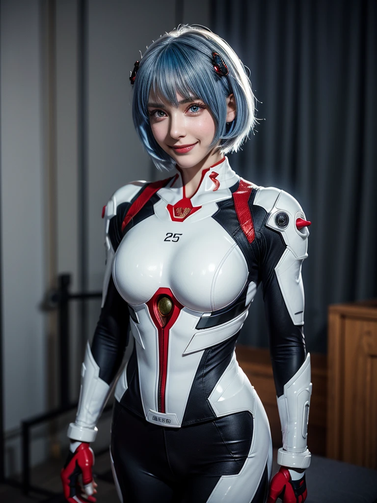 Masterpiece, highest quality, 8K, detailed skin texture, fine cloth texture, beautiful detailed face, intricate details, super detailed, portrait of Rei Ayanami, blue hair, red eyes, looking far away, no background, Evangelion Wearing a plug suit when riding, plug suit, whole body visible, standing, arms crossed, 15 years old, beautiful, cute, great style, smiling