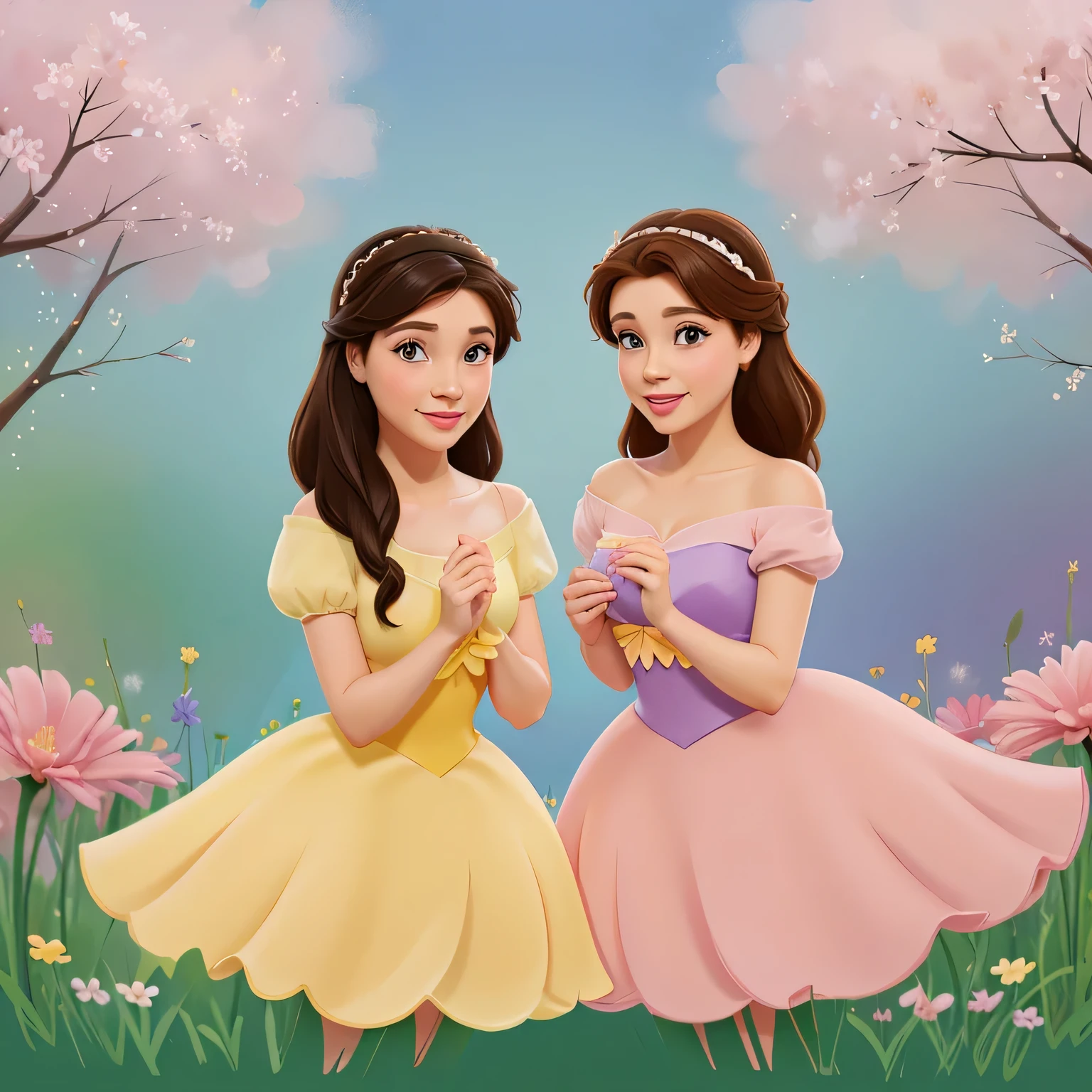 2 sisters like Disney Princess in flowers. Cartoon