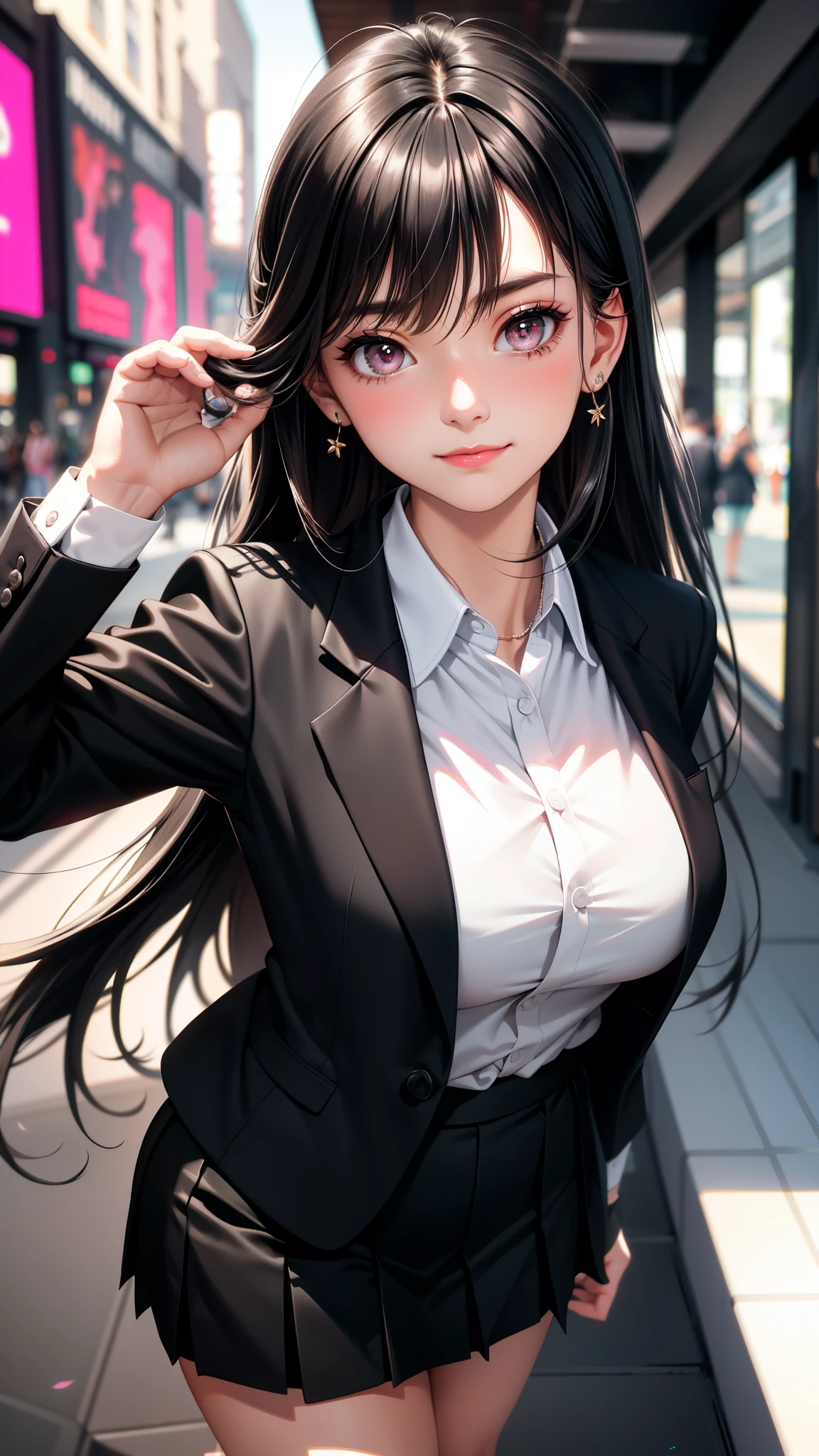 (best quality:1.1), (Masterpiece:1.2), High quality shadow, beautiful details, Beautiful face, Detailed eyes, depth of field, high resolution, best shadow, best light, 1 girl, see the audience, black hair, smooth, blunt, long hair, pink eyes, shy, big breasts:1.8, black short skirt, women's shirts, fashion suit jacket, pump, office woman,rift, smile, office background, sexy woman, Smooth posture hundred