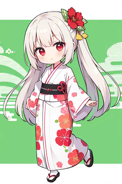 1 woman ,yukata white,chibi,No pattern,yukionnna,green background, white long hea,full body,red eye,sideways