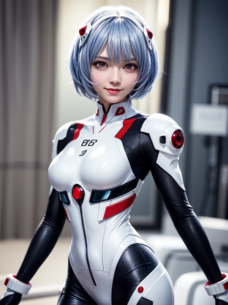 Masterpiece, highest quality, 8K, detailed skin texture, fine cloth texture, beautiful detailed face, intricate details, super detailed, portrait of Rei Ayanami, blue hair, red eyes, looking far away, no background, Evangelion Wearing a plug suit when riding, plug suit, whole body visible, standing, arms crossed, 15 years old, beautiful, cute, great style, smiling