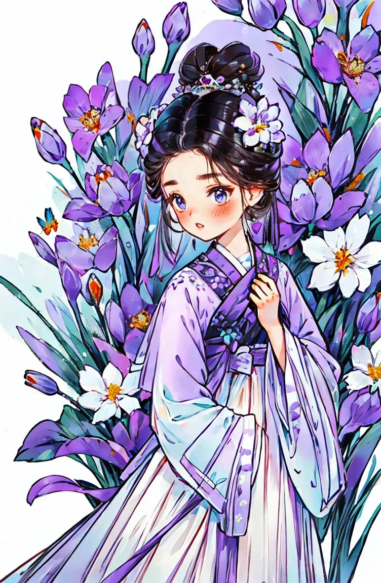 1 sister, alone, looking at the audience, Blushed, background with, black hair color hair, hair accessories, long sleeve, White background, Everlasting, Full body female love, flowers bloom, Purple, hair flower, bun, Butterfly, masterpiece, recent quality, best details, clear facial features, beautiful eyes