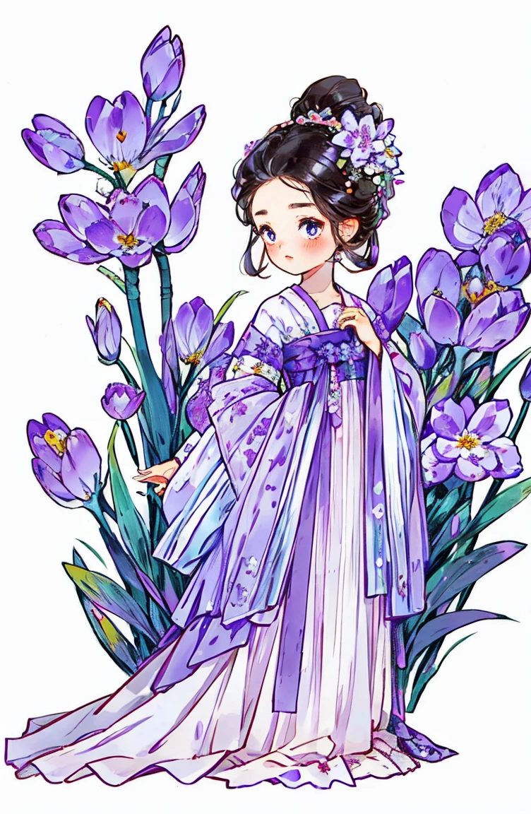 1 sister, alone, looking at the audience, Blushed, background with, black hair color hair, hair accessories, long sleeve, White background, Everlasting, Full body female love, flowers bloom, Purple, hair flower, bun, Butterfly, masterpiece, recent quality, best details, clear facial features, beautiful eyes