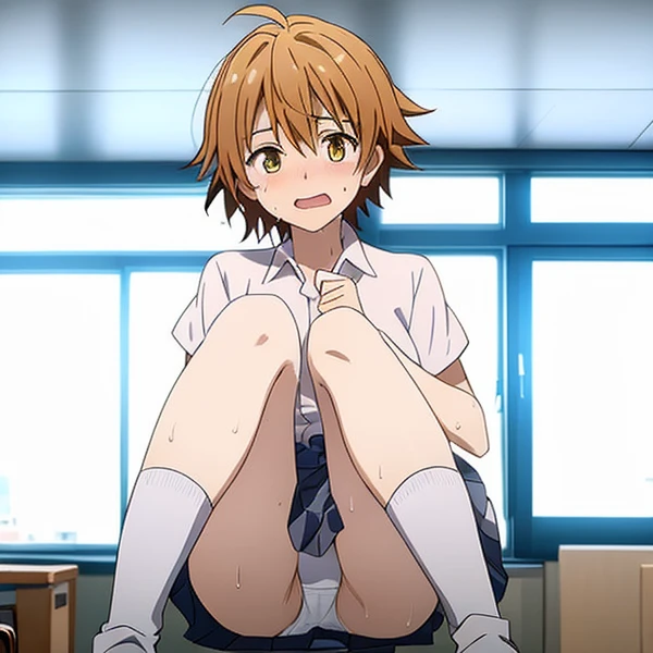 (1 female、women's uniform、check skirt、masturbation)、white panties、long socks、blushed、confused、cute、short hair、Full body Esbian、light brown hair、(highest quality)、 shiny skin、(1 girl: nose, naughty blush, sweat flowing)、shame