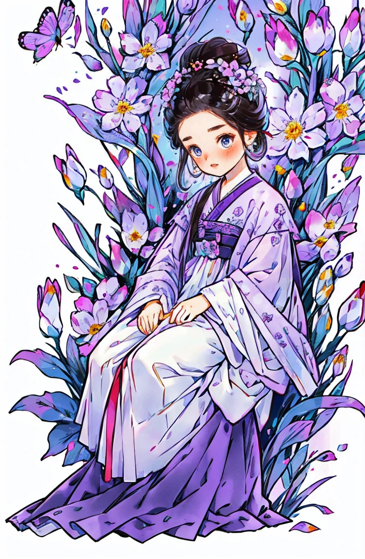 1 sister, alone, looking at the audience, Blushed, background with, black hair color hair, hair accessories, long sleeve, White background, Everlasting, Full body female love, flowers bloom, Purple, hair flower, bun, Butterfly, masterpiece, recent quality, best details, clear facial features, beautiful eyes