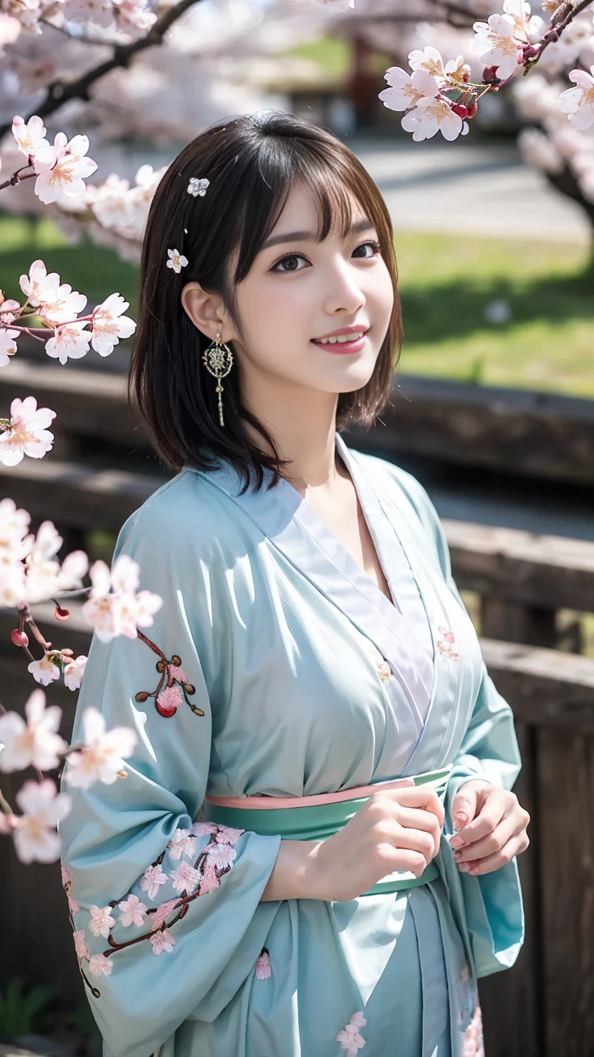 (Emo art:1.6),(8k, RAW photo, best quality, masterpiece:1.3),(photorealistic:1.25), HDR, UHD, dynamic,(colorful:1.35) , blooming light effect,(blurry backround),
BREAK
1 girl, solo,(Japanese Idol(actress):1.2),(face perfect:1.2),Expressing a beautiful and elegant woman,(extremely beautiful lady standing up),(Looking up:1.3),(cowboy shot:1.2),busty ,nipples ,intricate details, adorable, vibrant, playful, perfect hands, detailed hands, perfect eyes, detailed eyes,(smile:1.2),(gyaru:1.2), (tanned skin:1.1),(realistic skin and hair texture, detailed beautiful & luster & grossly),(short bob amber hair:1.3),(streaked hair),Long narrow eyes, nasally face ,A nicely protruding chin,(High nose),((Long bangs:1.3)),enchanting, adorned, charming,captivating, alluring, stylish, bedazzled,(fit body:1.2),
BREAK
((elaborate costume:1.6),(Luxury Japanese kimono:1.4,pale and coloured Japanese kimono ,detailed embroidery:1.4)),(Earrings or necklaces studded with cherry blossom. As hair accessories:1.1),BREAK (wind:1.4),nsfw,((falling cherry blossoms:1.6)),(((Cherry blossom row),((Cherry blossom petals dance, cherry blossom blizzard)),((Super detailed scene background))), Blur the background,