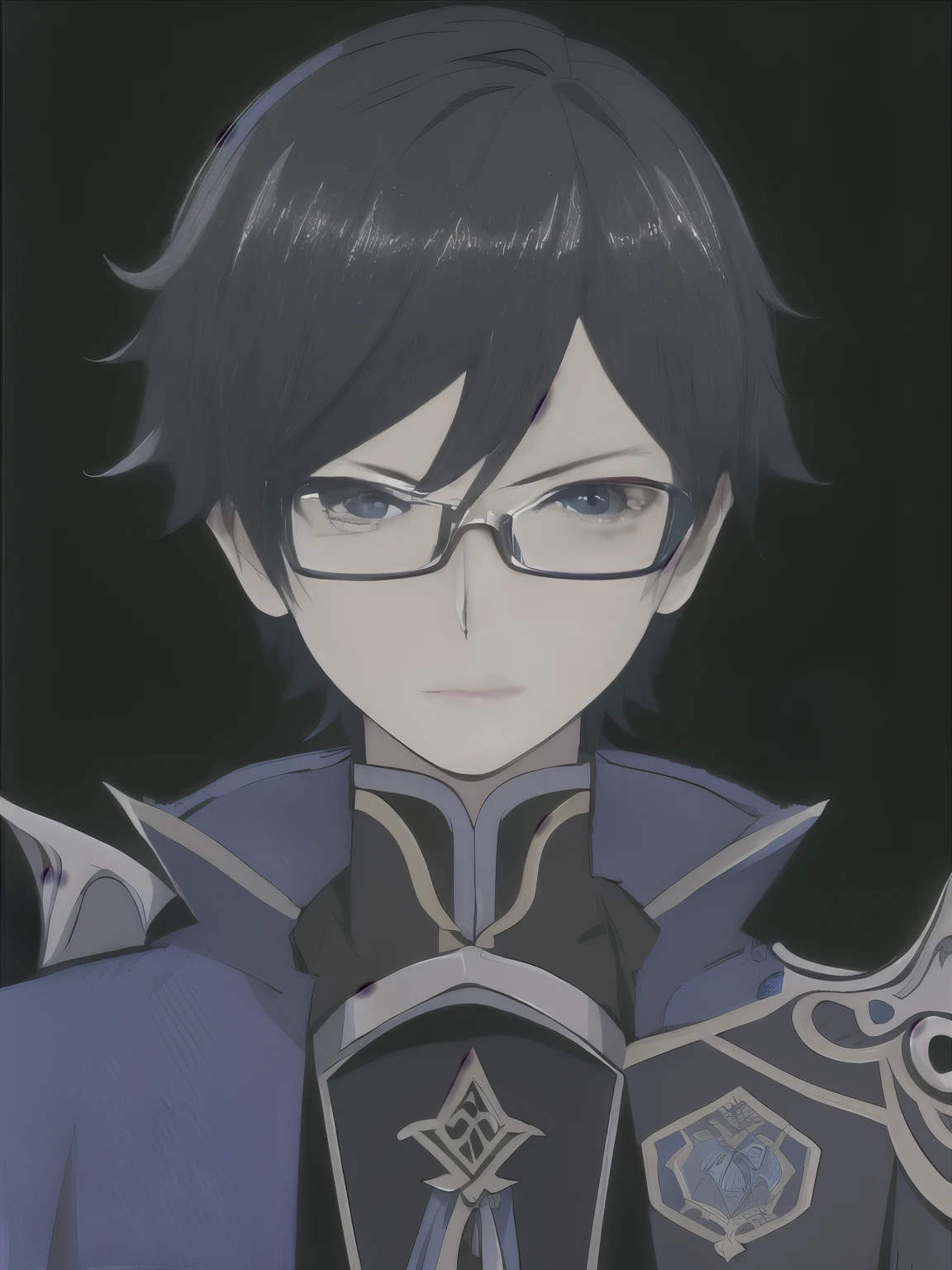 Highres, Masterpiece, Best quality at best,Best Quality,hight quality, hight detailed, 1boy, Boy, Genshin avatar, (Blue bhair, armored mage, magical armor,  glasses), highly_detailed, illustration, portrait, (((masterpiece))),(((bestquality))), (black_background:1.4), simple_background,