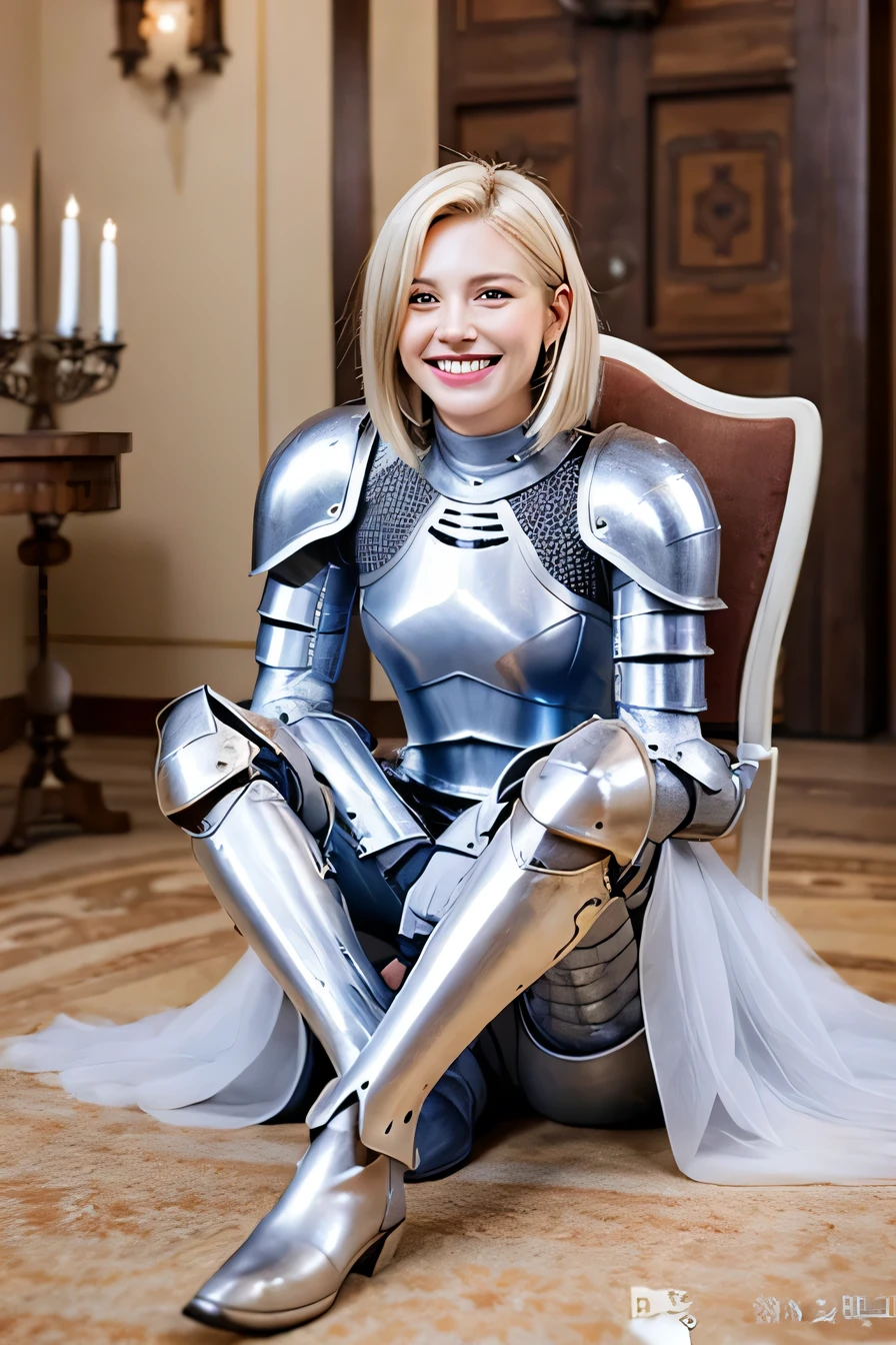 high quality、8k、Female knight sitting on a chair、full body photo、The background is a room in a castle.、Luxurious Silver Armor、Iron Boots、smile、beautiful teeth、full body photo、hairstyle short cut、ear piercing、white woman、blonde hair、blue eyes、Gummy Smile、、heavy makeup、
