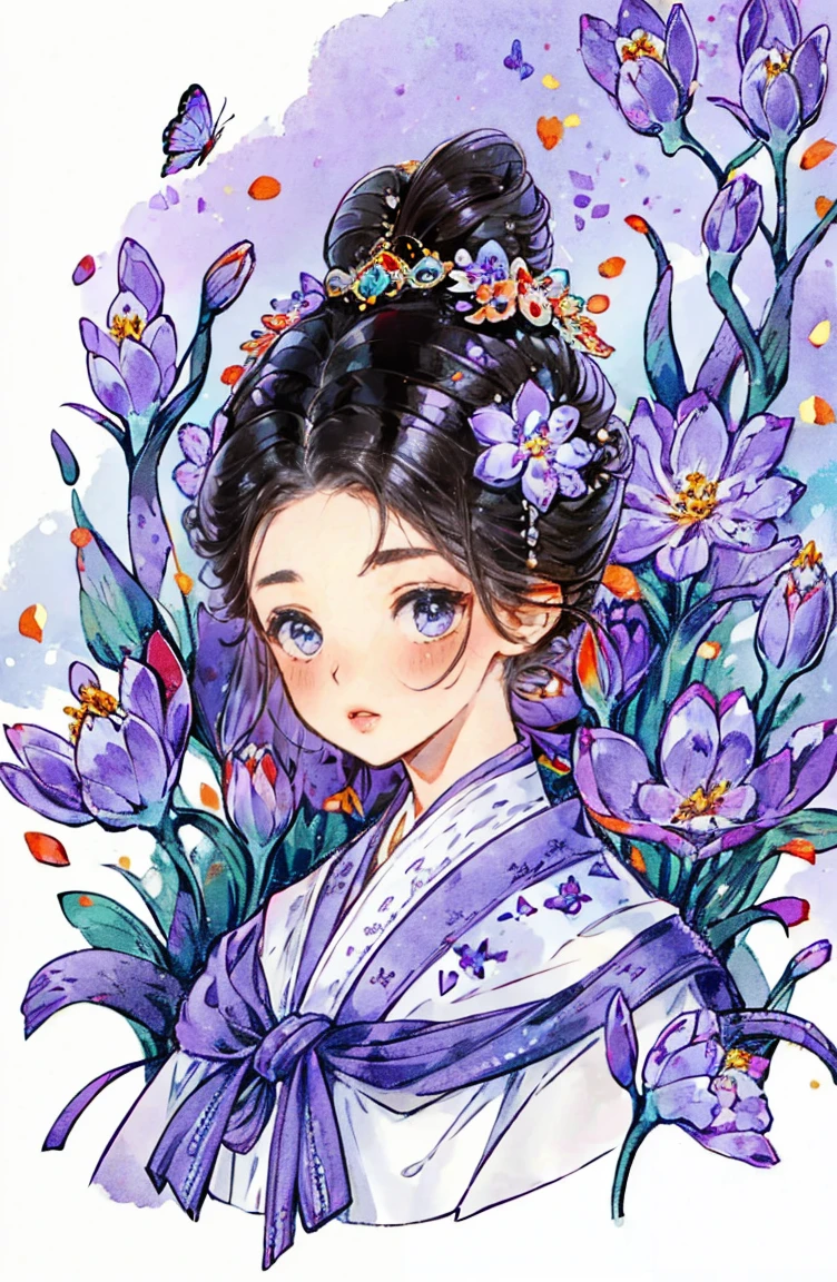 1 sister, alone, looking at the audience, Blushed, background with, black hair color hair, hair accessories, long sleeve, White background, Everlasting, Full body female love, flowers bloom, Purple, hair flower, bun, Butterfly, masterpiece, recent quality, best details, clear facial features, beautiful eyes
