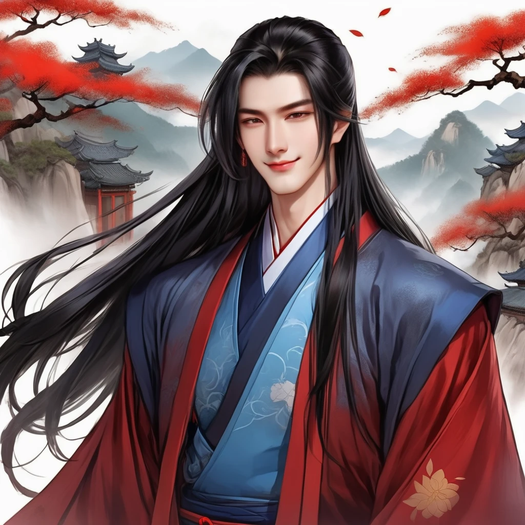 A man in a blue and red hanfu, in the style of an anime character design, in the Chinese painting style, a cartoon illustration, on a white background, an upper body portrait, with dark gray hair, the long straight black hair of a young male protagonist with an evil smile