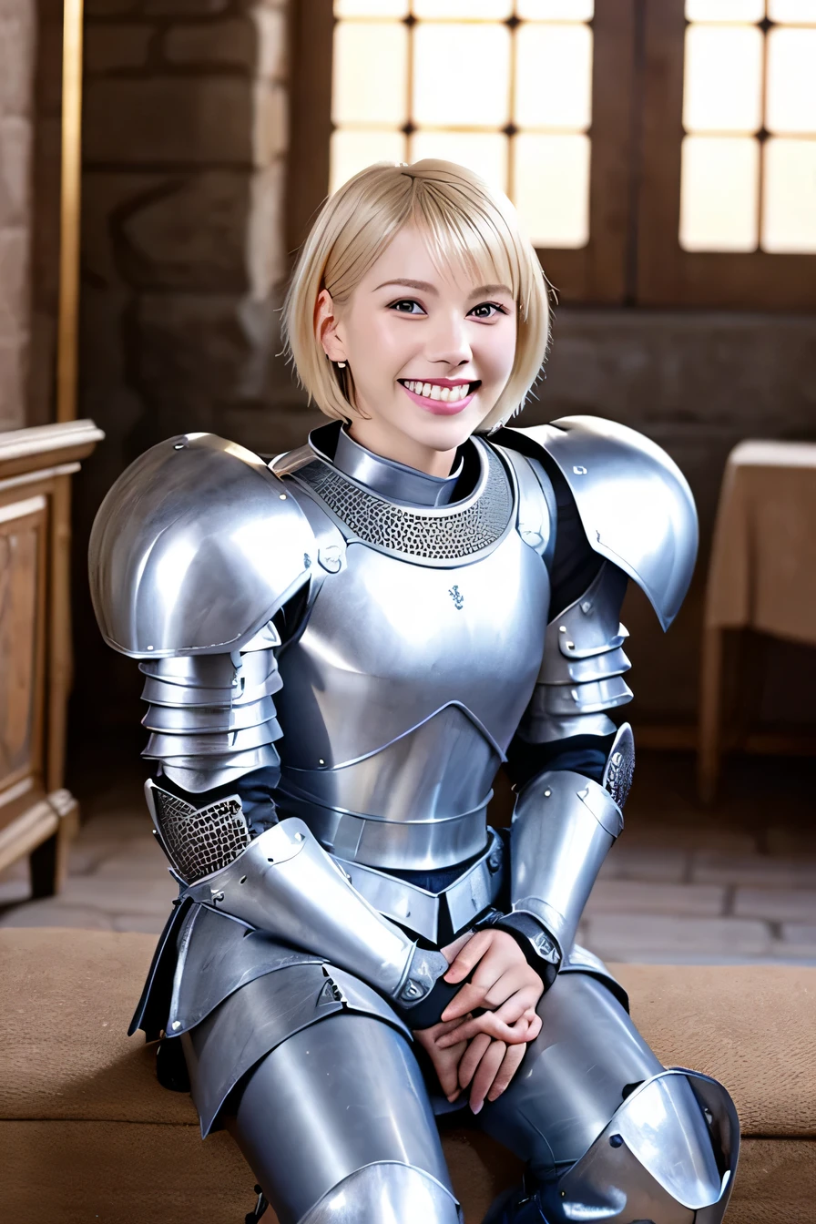 high quality、8k、Female knight sitting on a chair、full body photo、The background is a room in a castle.、Luxurious Silver Armor、Iron Boots、smile、beautiful teeth、full body photo、hairstyle short cut、ear piercing、white woman、blonde hair、blue eyes、Gummy Smile、、heavy makeup、