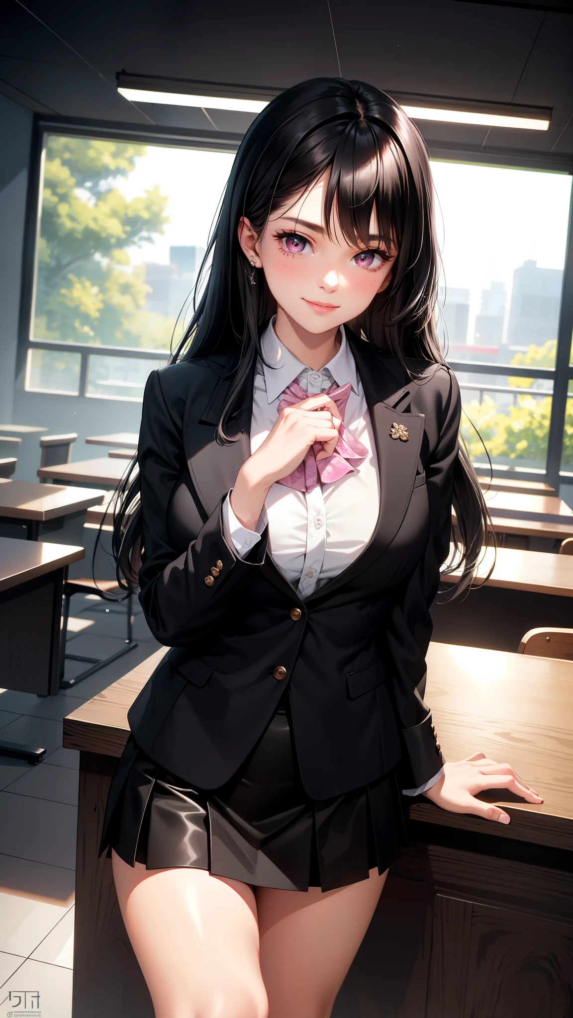 absurderes:1.8, ((beautiful clear eyes, sitting, bedroom, purple hair, arms behind back:1.3, from below:1.4, spread legs)), ((school uniform, blazer, skirt、Thighhighss, showing panties, panties emphasis:1.6, embroidery panties:1.4,))、(1woman), Unity 8K Wallpaper, Masterpiece, detailed hair, highly detailed, , (seductive smile:1.3), (blush:1.3)
