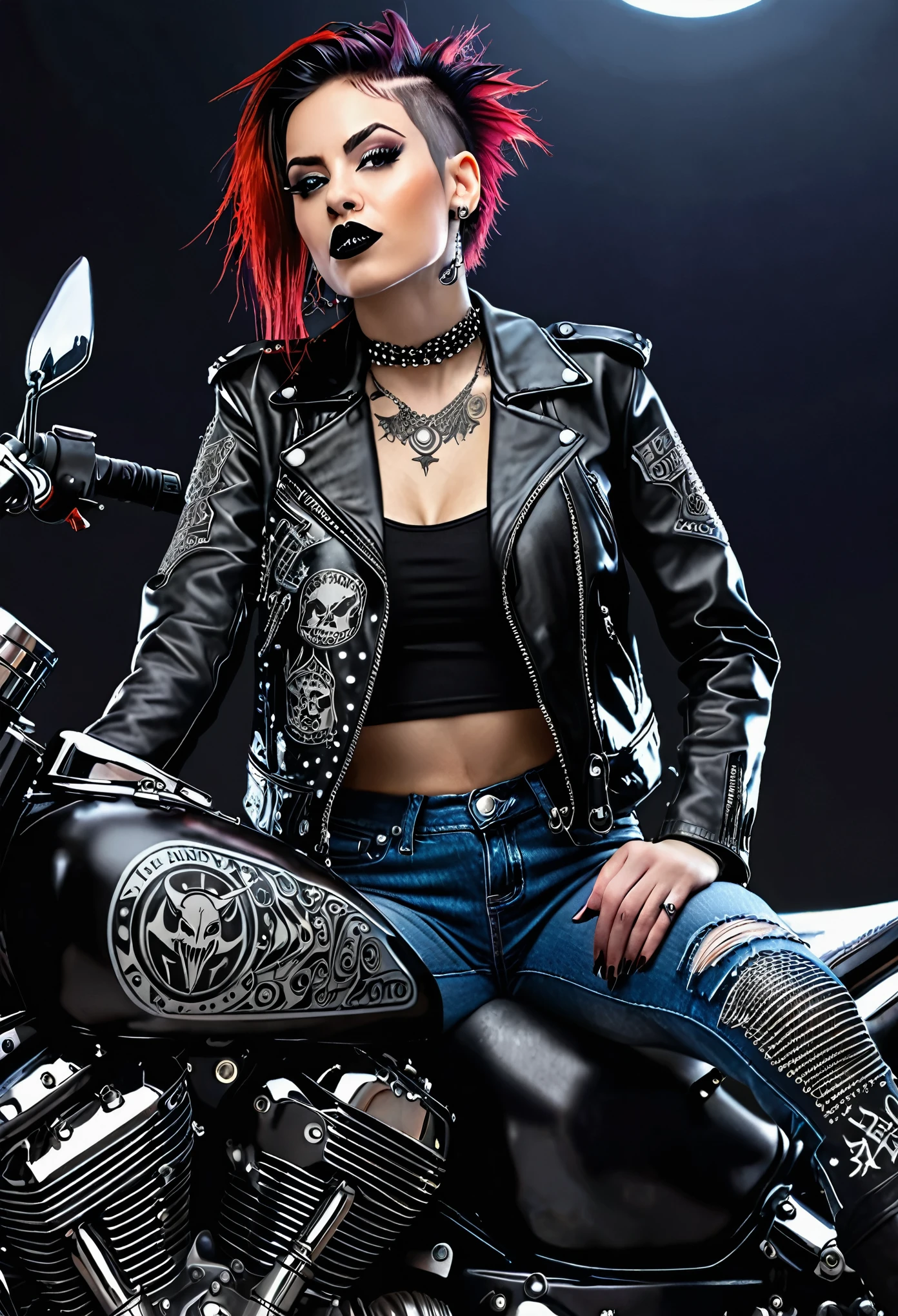 Generate an image of a gothic punk girl sitting on a high-powered motorcycle, the crystalline night sky serving as her reflective background as she confidently revs the engine with a menacing smirk, dripping with attitude. Possessing an eclectic mixed-match of intricate band tattoos, piercings, chained armor, bomber jacket, leather corset, fishnets, and strategic torn denim, she embodies a devil-may-care aura.