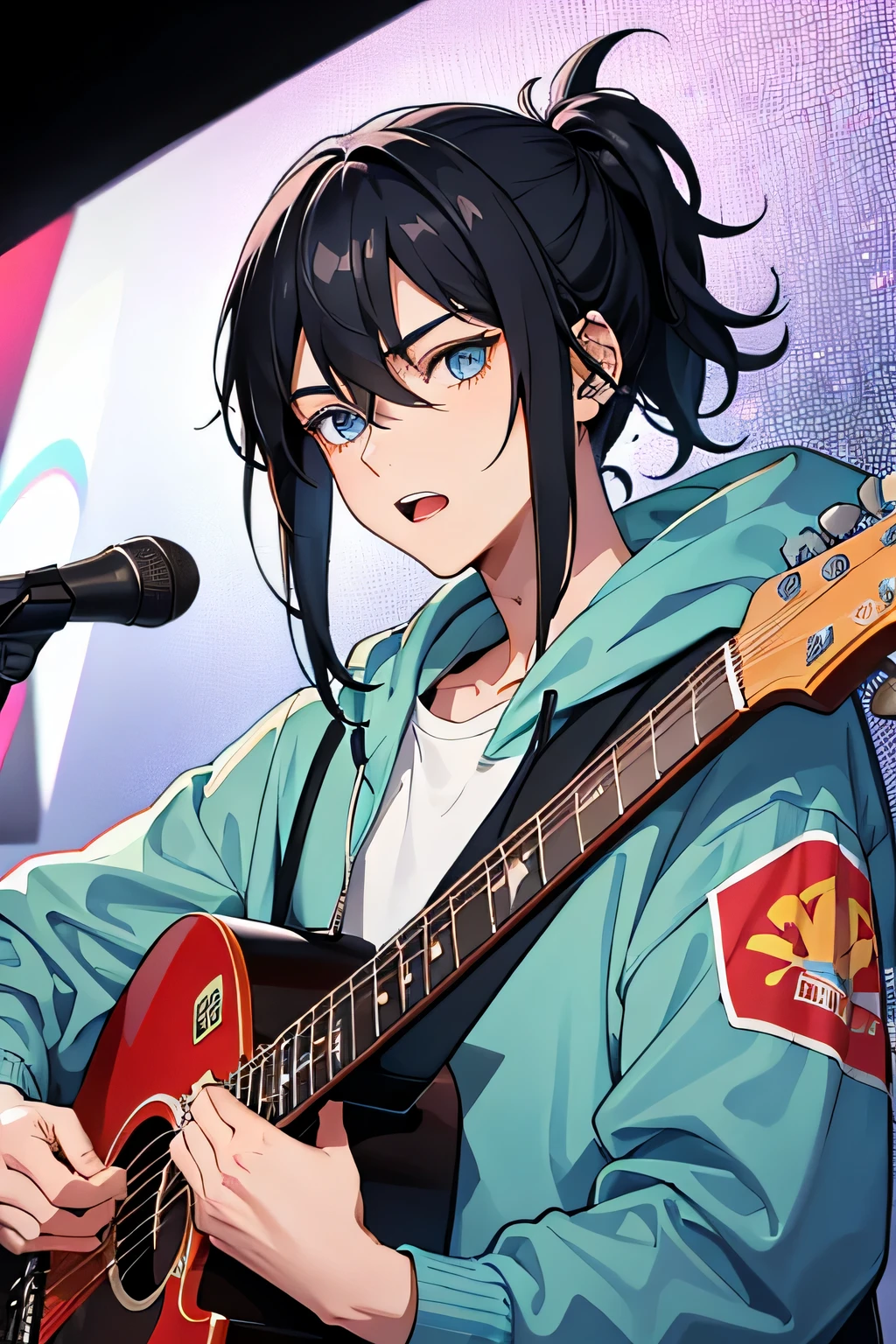 1boy,New York yaknees baseball hoodie,blue eyes,black hair,mullet haircut,sing while playing the guitar
