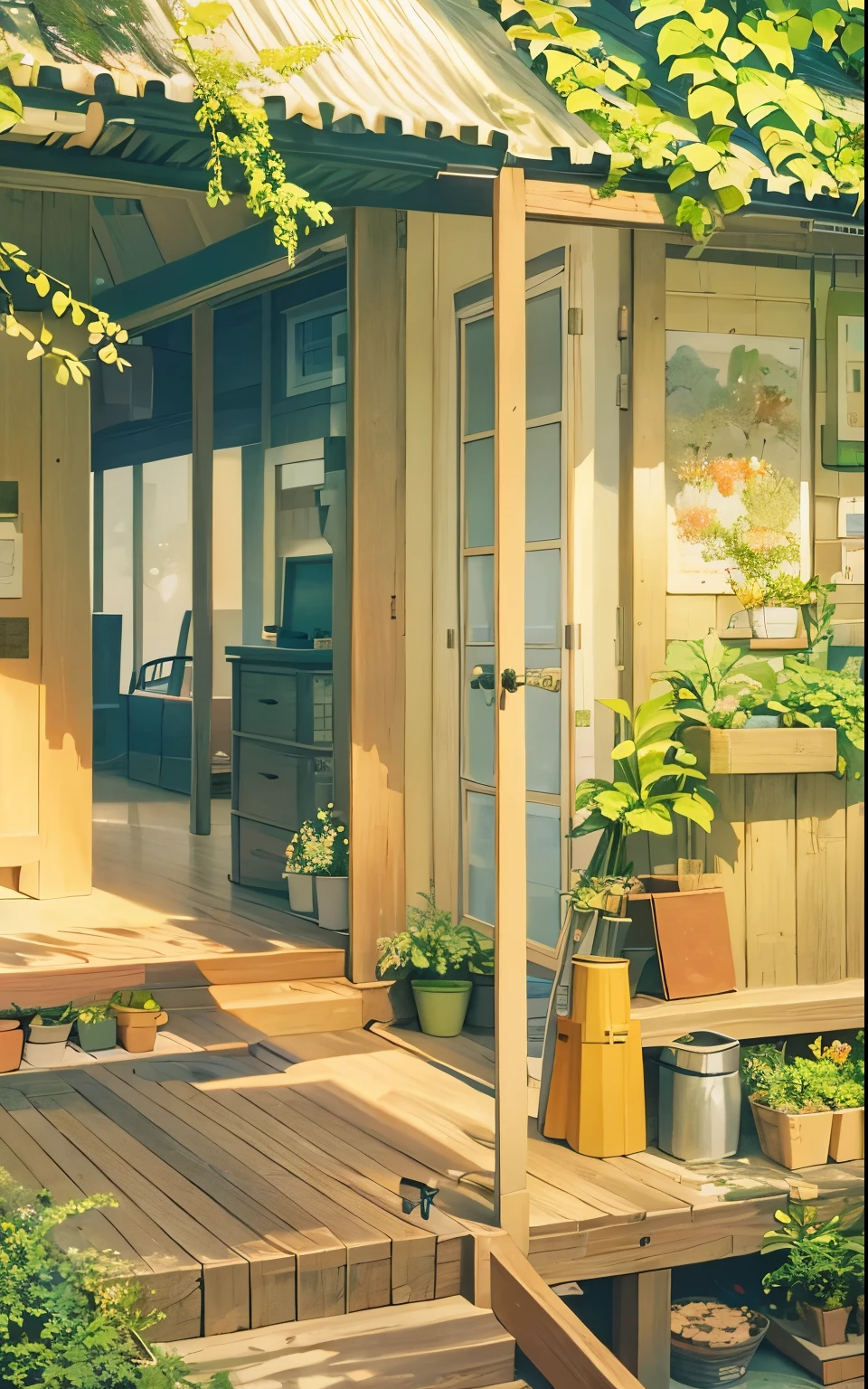 there is a painting, studio ghibli sunshine, anime background art, Summer morning light, summer afternoon, studio glibly Xin Haicheng, afternoon light, afternoon sun, afternoon lights, style of Xin Haicheng, Detailed Landscape—Width 672, Xin Haicheng. high detail, ( ( Xin Haicheng ) )