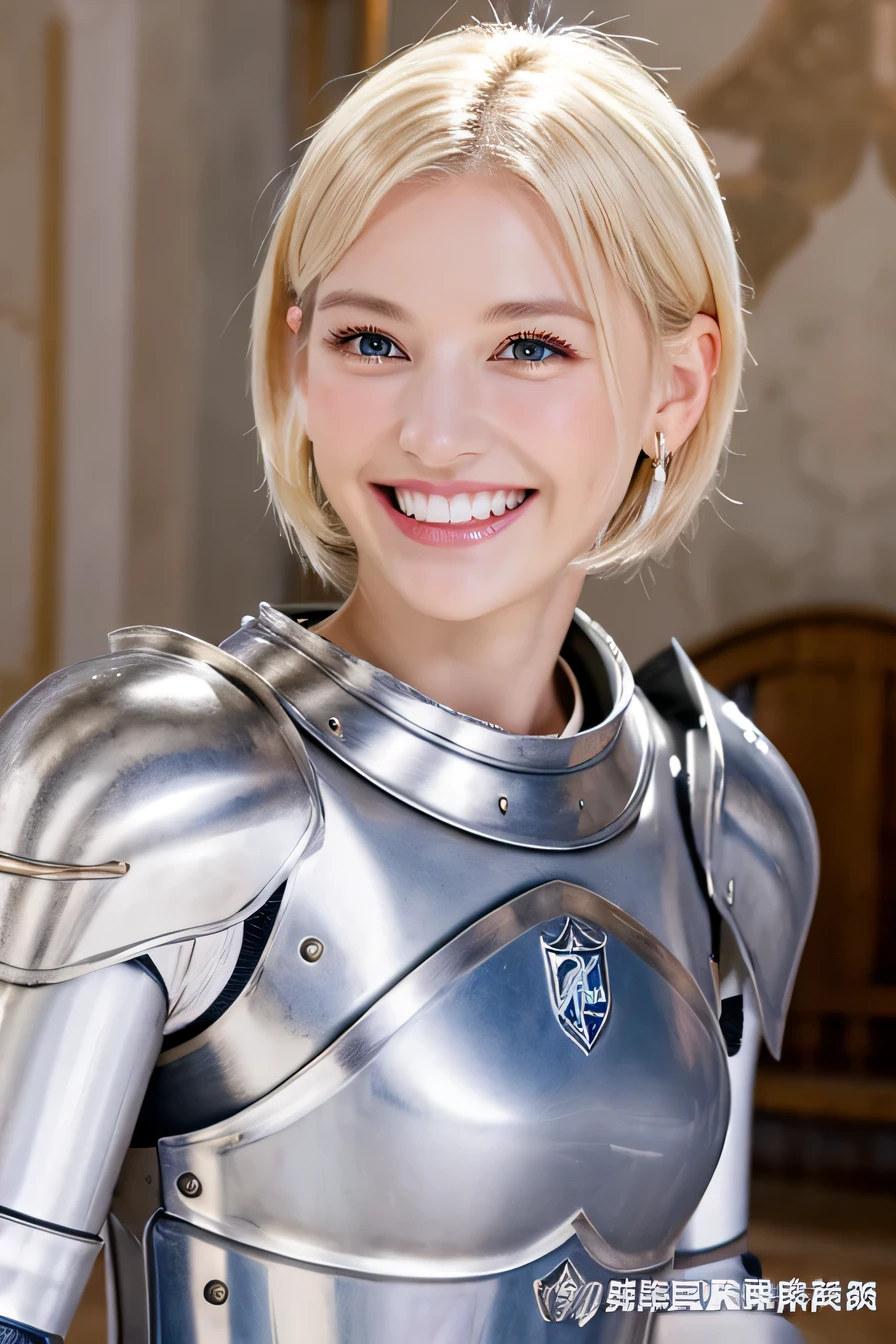 high quality、8k、female knight、The background is a room in a castle.、Luxurious Silver Armor、smile、beautiful teeth、full body photo、hairstyle short cut、ear piercing、white woman、blonde hair、blue eyes、Gummy Smile、、heavy makeup、