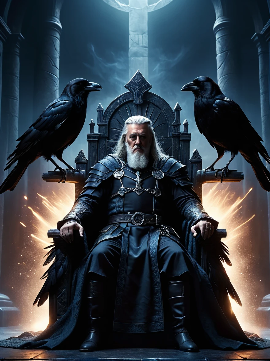 norse mythology, Odin, King of the Gods, sit on the throne, (Two crows perched on either side of him:1.6), Raven Focus, Dark moody Nordic style vibe, Super detailed, dramatic lighting, Dark fantasy, muted color palette, atmosphere, light and dark, Movie, high resolution, best quality, masterpiece, 8k