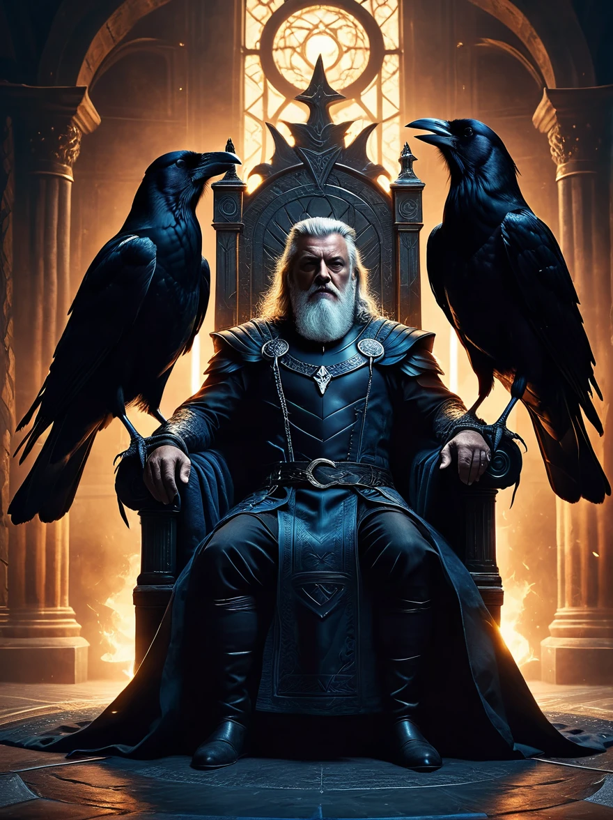 norse mythology, Odin, King of the Gods, sit on the throne, (Two crows perched on either side of him:1.6), Raven Focus, Dark moody Nordic style vibe, Super detailed, dramatic lighting, Dark fantasy, muted color palette, atmosphere, light and dark, Movie, high resolution, best quality, masterpiece, 8k