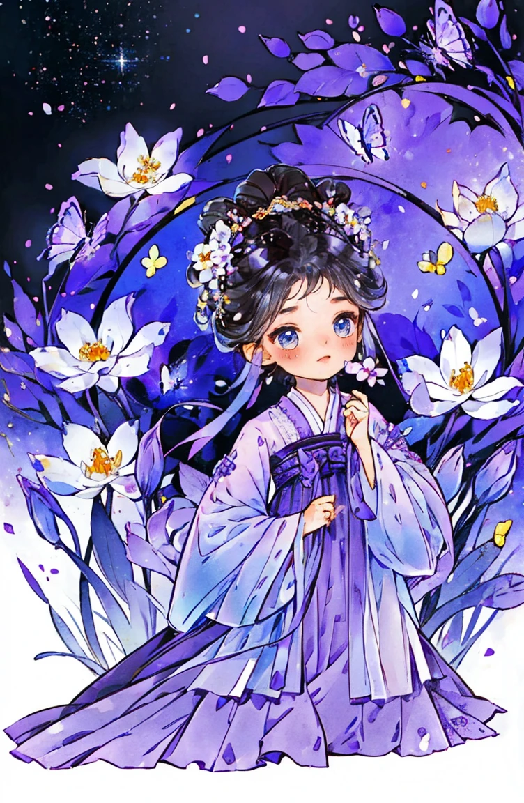 1 sister, alone, looking at the audience, Blushed, background with, black hair color hair, hair accessories, long sleeve, White background, Everlasting, Full body female love, flowers bloom, Purple, hair flower, bun, Butterfly, masterpiece, recent quality, best details, clear facial features, beautiful shinny eyes, starry