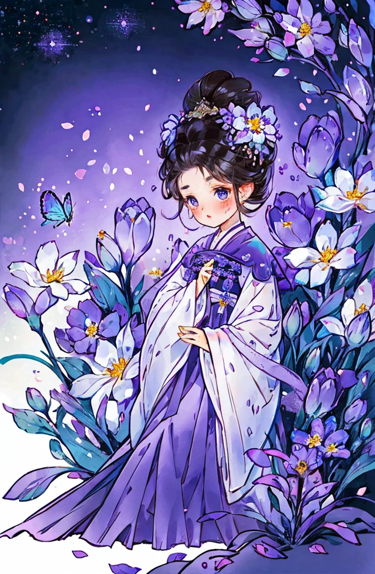 1 sister, alone, looking at the audience, Blushed, background with, black hair color hair, hair accessories, long sleeve, White background, Everlasting, Full body female love, flowers bloom, Purple, hair flower, bun, Butterfly, masterpiece, recent quality, best details, clear facial features, beautiful shinny eyes, starry