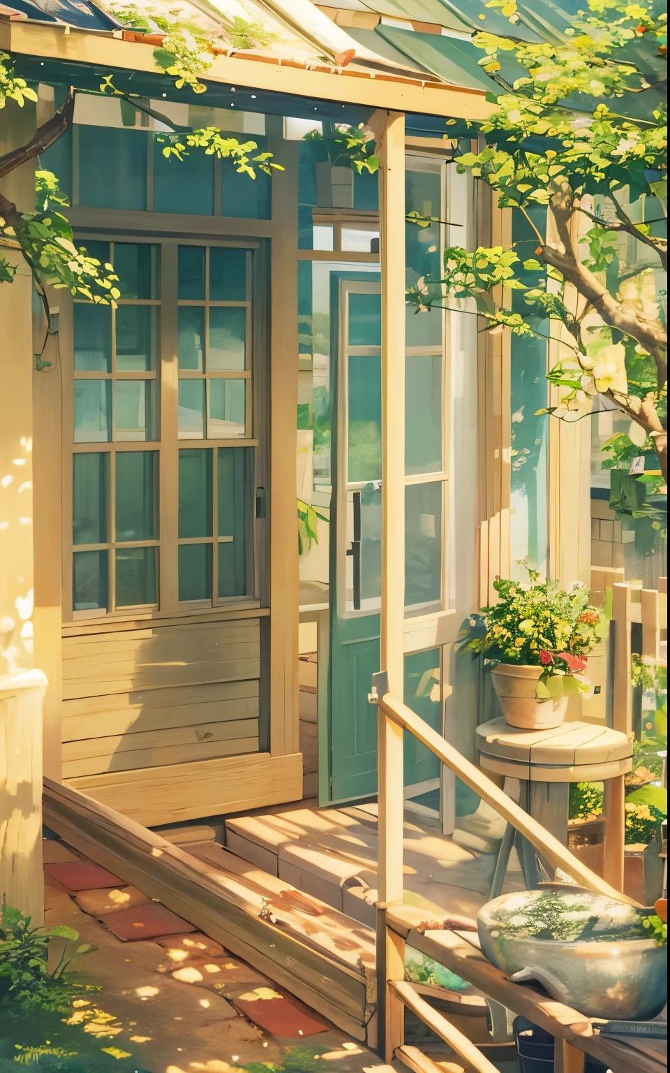 there is a painting, studio ghibli sunshine, anime background art, Summer morning light, summer afternoon, studio glibly Xin Haicheng, afternoon light, afternoon sun, afternoon lights, style of Xin Haicheng, Detailed Landscape—Width 672, Xin Haicheng. high detail, ( ( Xin Haicheng ) )