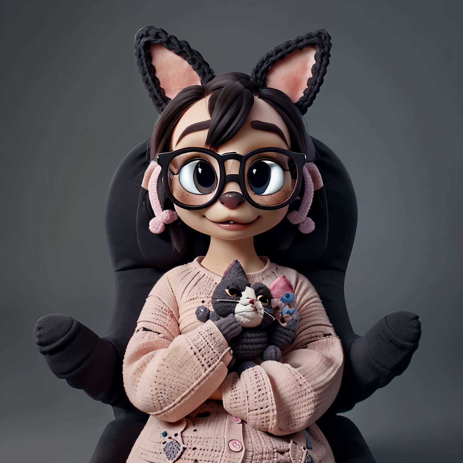 Crochet cat with a finger up, glasses and two big frontal teeth