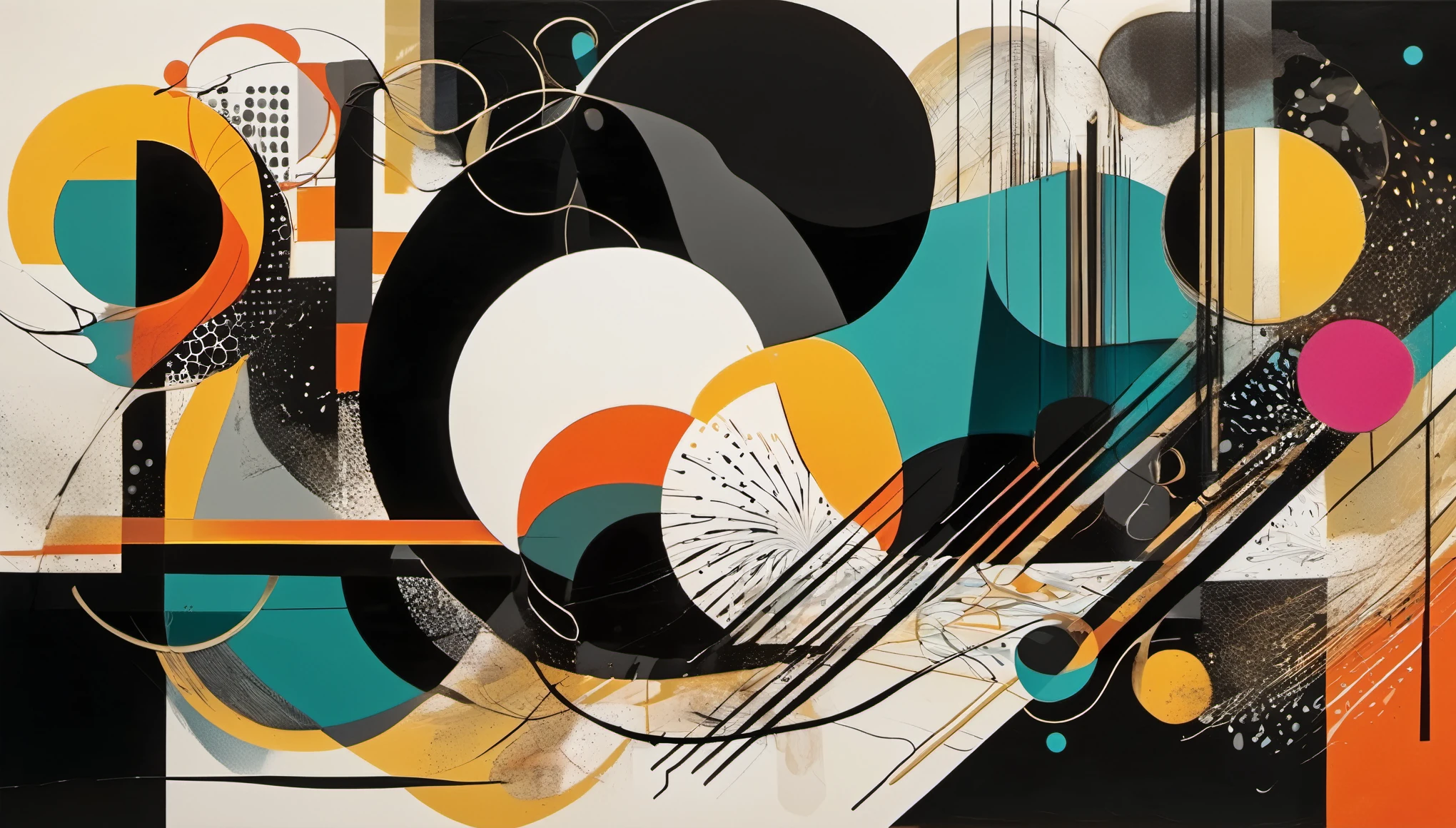 Abstract composition with overlapping geometric shapes in  black  with dynamic lines and splashes of color, circles  and stripes