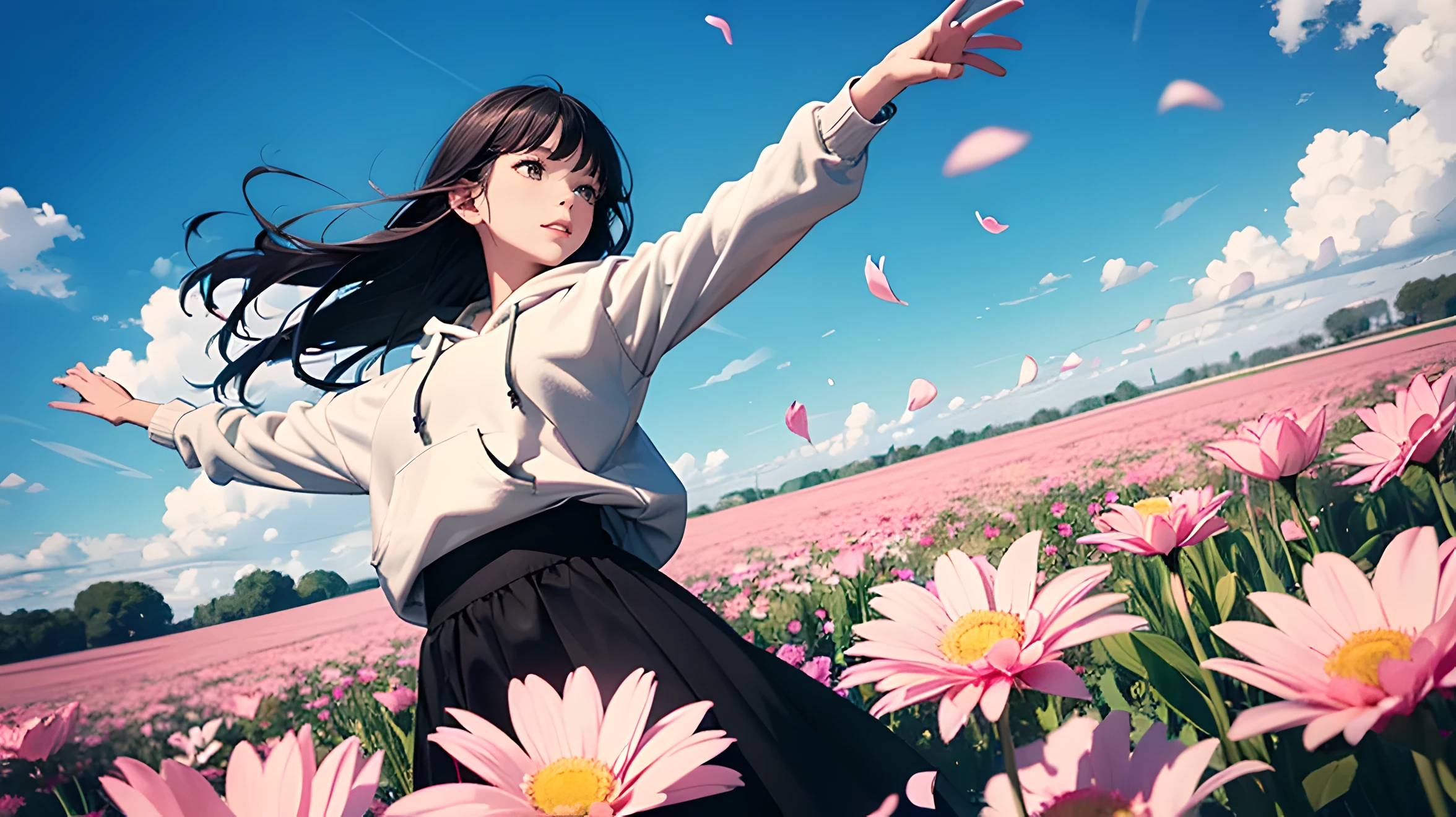 ((Symmetry))Waist high flowers, flowers filling around body, petals dancing,
((Long Shot)) surrounded by flowers, vast field of flowers, fantastic, high quality, one woman in center, cool woman, long black hair, wearing white hoodie, arms outstretched, looking at sky, blue sky, ((High Angle))