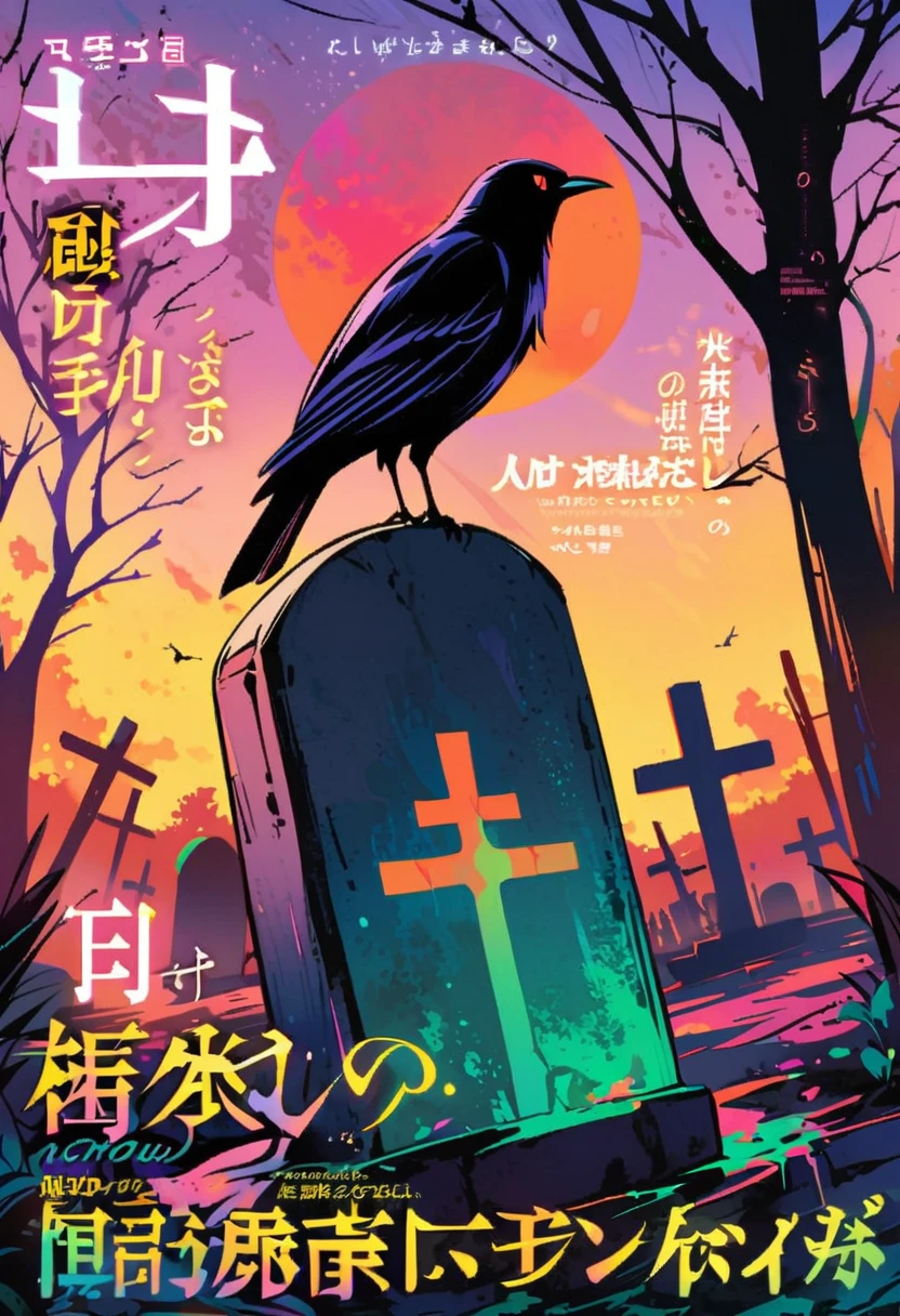 magazine cover,at night,in the cemetery,A red-eyed crow perched on a tombstone,Surrounded by dead trees,The sky is purple,A strange green light emanates from above the red moon,Tombstone in liquid,close up(8K)