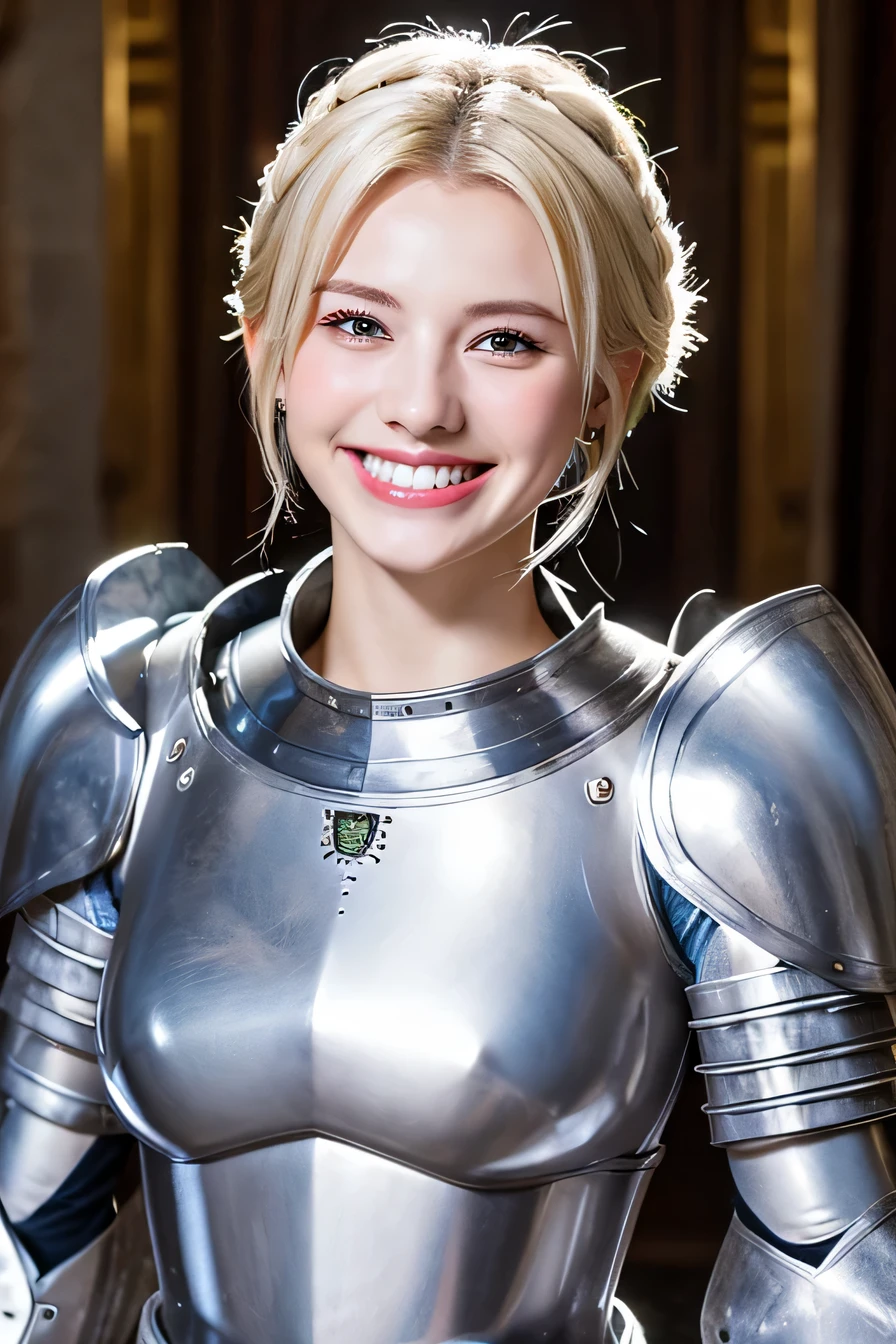 high quality、8k、female knight、The background is a room in a castle.、Luxurious Silver Armor、smile、beautiful teeth、full body photo、hairstyle shortcut、ear piercing、white woman、blonde hair、blue eyes、Gummy Smile、、heavy makeup、