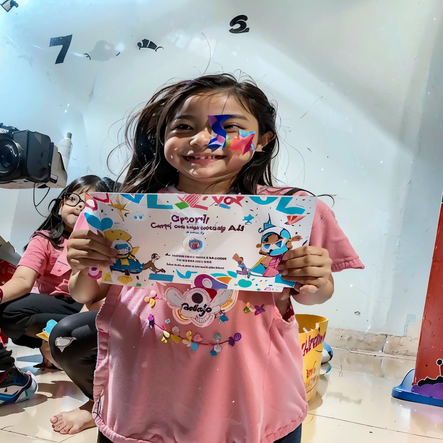 arafed girl holding up a certificate in front of a group of children, foto, cute:2, holding gift, ilustration, potrait, full protrait, 😃😀😄☺🙃😉😗, picture, by Abidin Dino, a picture, dribble contest winner, inspired by Pacita Abad, cartoonist, :3