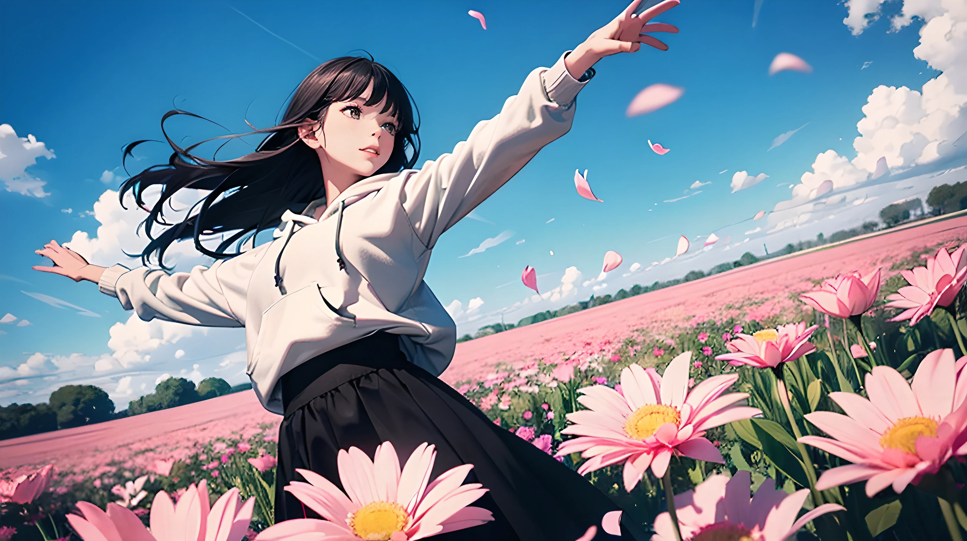 ((Symmetry))Waist high flowers, flowers filling around body, petals dancing,
((Long Shot)) surrounded by flowers, vast field of flowers, fantastic, high quality, one woman in center, cool woman, long black hair, wearing white hoodie, arms outstretched, looking at sky, blue sky, ((High Angle))