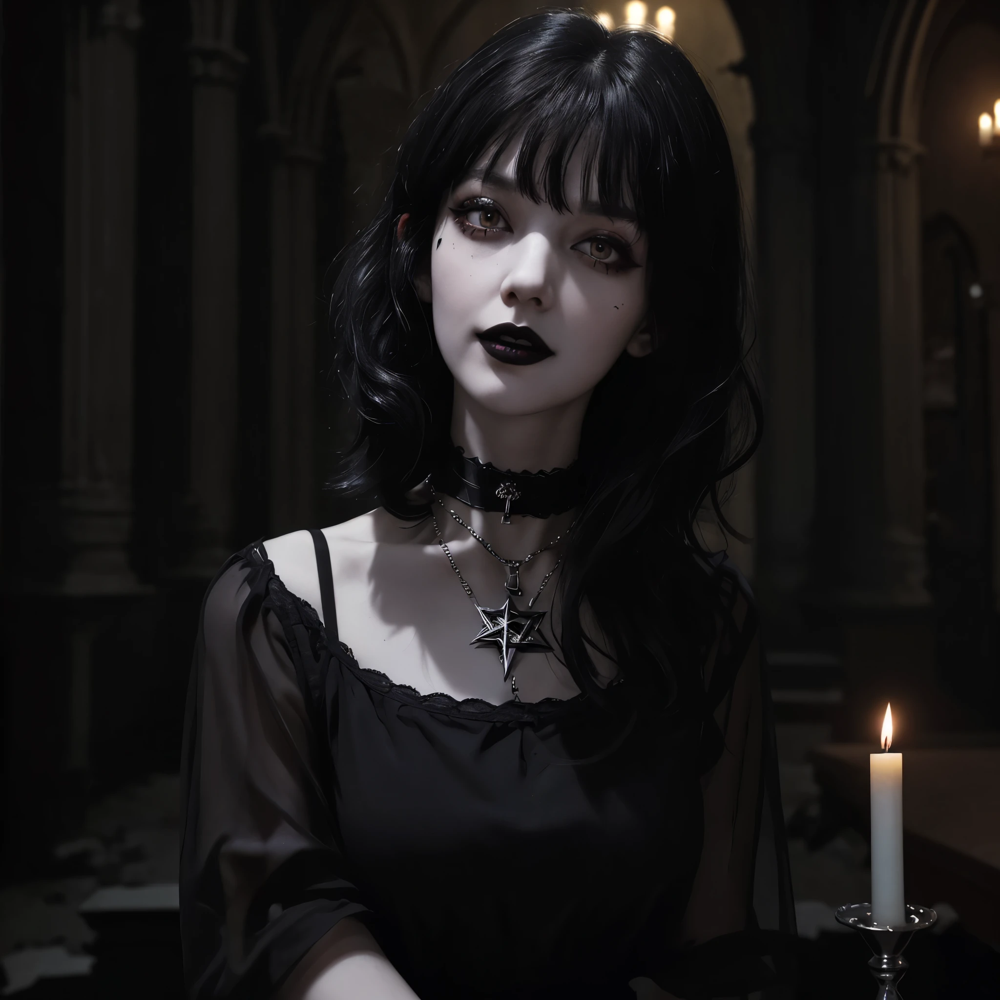 (masterpiece, 8k, best quality:1.2), Woman in her 20s, gothic style, goth, black lips, dark black eyeliner, round bangs, Short hair, perm, black long nails, black choker necklace, scary laugh, Inside a dark abandoned church, Candlelight, pentagram, Devil worship, Evil spirits