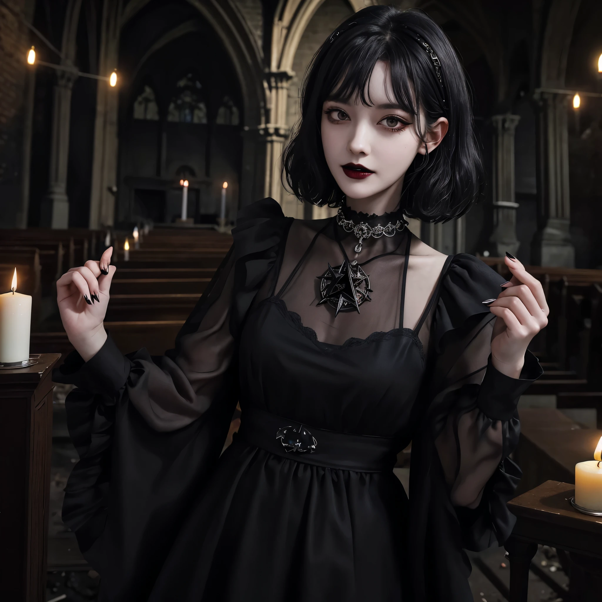 (masterpiece, 8k, best quality:1.2), Woman in her 20s, gothic style, goth, black lips, dark black eyeliner, round bangs, Short hair, perm, black long nails, black choker necklace, scary laugh, Inside a dark abandoned church, Candlelight, pentagram, devil숭배, Evil spirits, Satan, devil, lucifer, Asmodeus