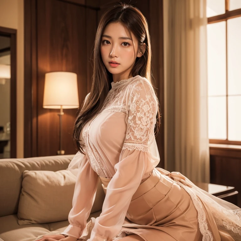 Asian woman with long brown hair, dilraba dilmurat, Portrait of female Korean idol, Popular Korean Makeup,popular south korean makeup, Cute Japan actress、gravure、Sexy pose in bed