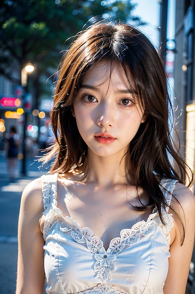 (logo, masterpiece, 8K, Tabletop, RAW Photos, wonderful, 最high quality, Photorealistic and very detailed CG composite 8k wallpaper, high quality, Very detailed, Narrative poem, Particle Effects, Dynamic Effects, Depth of the Boundary, Cinematic Light, Lens flare, Ray Tracing), short hair beautiful young woman, Hair tied back, high detail skin, very fine, fine skin texture, beautiful face, realistic eyes, beautifully detailed eyes, realistic skin, beautiful skin, surreal, smiling eyes, Hair and light eyes, Vibrant, Colorful lights and bokeh. The lighting casts a warm glow on her face and hair, Blue glow, Water surface reflection, Creates a dreamy and magical atmosphere, Big Breasts, Brown Hair, short hair, plump lower lip, pink blush on the cheeks , pink lips, brown tight no-shoulder knit sweater