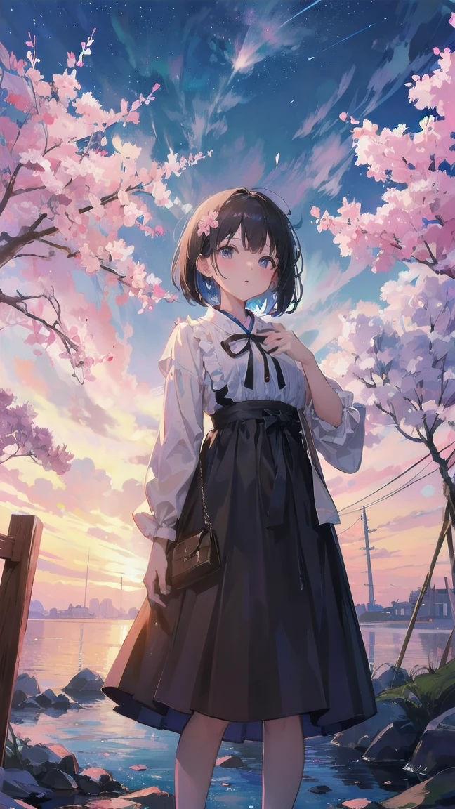 見上げるgirl シーン 1: Shadow of cherry blossoms at dusk A girl standing quietly with the sky behind her, Blue colored. 彼女の目の前にそびえ立つのはバベルのtowerと呼ばれる巨大なcherry blossomsだ. shape, Like piercing the clouds, It'nice'Getting to the sky. girl'視線はcherry blossomsの頂上に向けられている.. tower, Bathed in the morning light, Creates a fantastic atmosphere. cherry blossomsの表面には複雑な模様が刻まれている.. old-fashioned. girl seemed to sense something deep within the cherry blossoms.. Is it a memory of a classic story?、Or is it a longing for an unknown fantasy world???? Scene 2: Starry sky memories, Countless stars twinkle in the blue sky、少女はtowerの頂上に立つ. At her feet, The city lights shine like jewels. girl takes a deep breath. 春風の匂いとtowerの古い匂いが混じる. girl'A famous story played out in my head... girl read a story of adventure and friendship.。 . The main character of the story, girlのように, バベルのtowerに登りました. There, She met her friends、Overcoming various difficulties. one day、The girl had a dream。, Like the main character, I'Let's go on an adventure. Scene 3: 朝焼けの約束 朝日の光がtowerを照らす頃、少女はtowerを出た. please reconsider, towerは朝日に輝いて神々It even seemed. 少女はいつかまたこのtowerに登ると決めた. And she, She vows to tell the rest of the story. step by step, girl walked into the future,cherry blossoms,散らばるcherry blossoms,beautiful sky,black hair,short bob