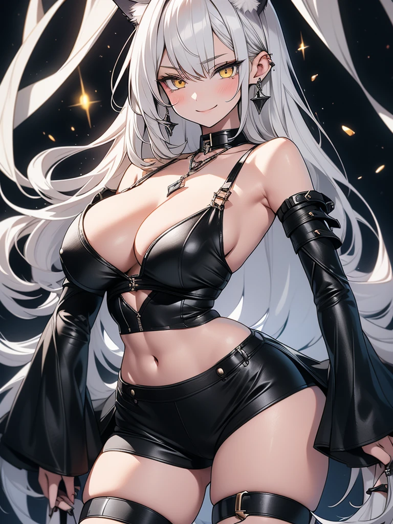8K, Full body portrait, tall girl, single beautiful young woman, white pale skin, smooth skin, especially detailed face, masterpiece, wallpaper, highlydetailed face, ultra-detailed face, beautiful and aesthetic wolf tailed girl, athletic body, pale white skin, big breasts, curvy, busty, big ass, hourglass figure, long hair, gray-silver hair, a cute wolf young woman, wolf ears, long wolf tail, fluffy wolf tail, wolf-like irises, beautiful, enchanting, bright yellow eyes, detailed eyes, ultra-detailed eyes, accurate eyes, detailed irises, correct body proportions, elegant, small vertical scar under right eye, small rosy lips, big breasts, slender elegant arms, pretty hands, detailed hands, charming, slight blush, shy smile, black edgpshorts with stylish metal chains and a black top, detached sleeves, light black armor, armored long bike shorts and skirt on top of them, two piece outfit, black armored fur cloack, black metal armor, silver metallic ornaments, bare off shoulders, toned abs, exposed belly, standing pose, cute pose, black thighigh on left leg, slight shy grin, sole girl