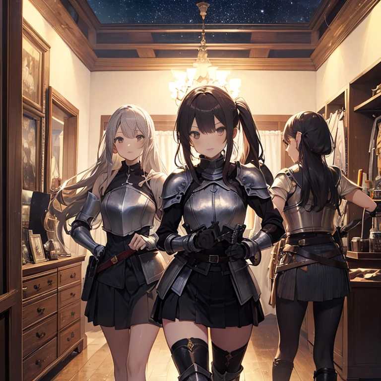 A group of young female knight, (in bedroom), various hair styles, harem, wearing armored clothes, metal armor, night, details face, , short skirt, seducing, sword, sleeveless , night, starry night