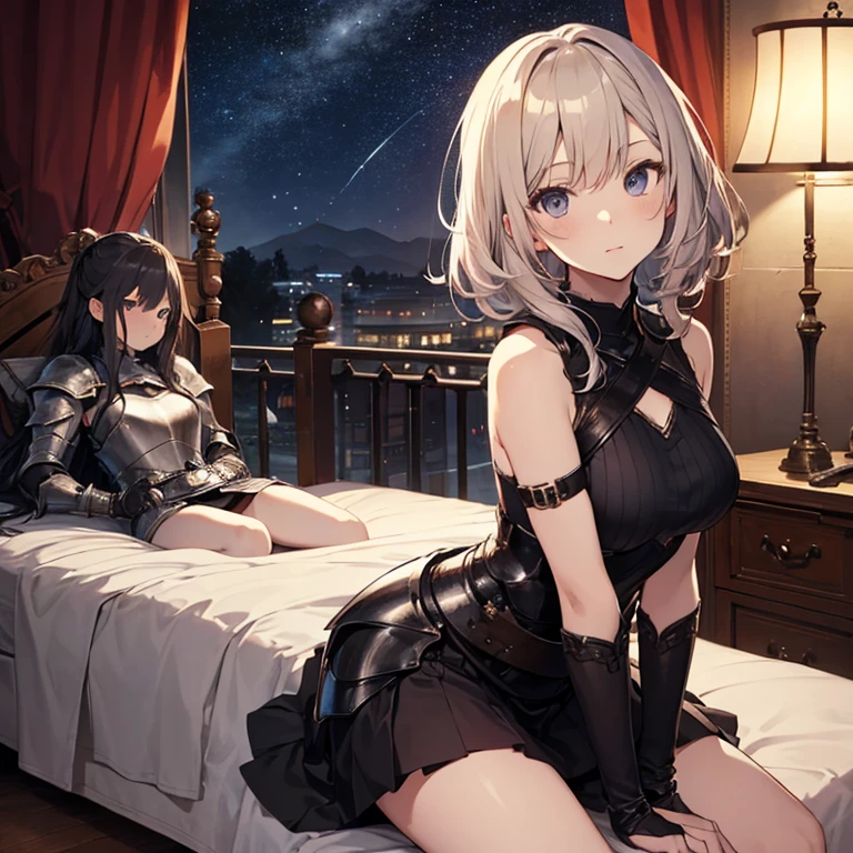 A group of young female knight, (in bedroom), various hair styles, harem, wearing armored clothes, metal armor, night, details face, , short skirt, seducing, sword, sleeveless , night, starry night 