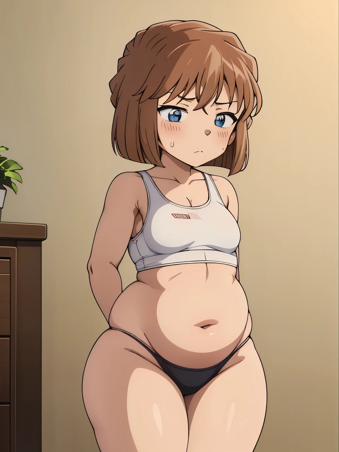 white sports braと白のパンティーを着てベッドに横たわる女の子, thick, big booty, From the back見た図, From the back見た, curvy highlighted booty, pose in the bedroom, thick thighs, From the back見る, Chubby-chan, From the back照らされる, From the back, butt, bend your body, light brown hair,blue eyes,大きいbuttをクローズアップ,short hair,wide pelvis,vapor,Sweat,white sports bra,thick waist,small breasts,blushed,troubled expression,bend your bodyてポーズをとる,muscular body!!!!,