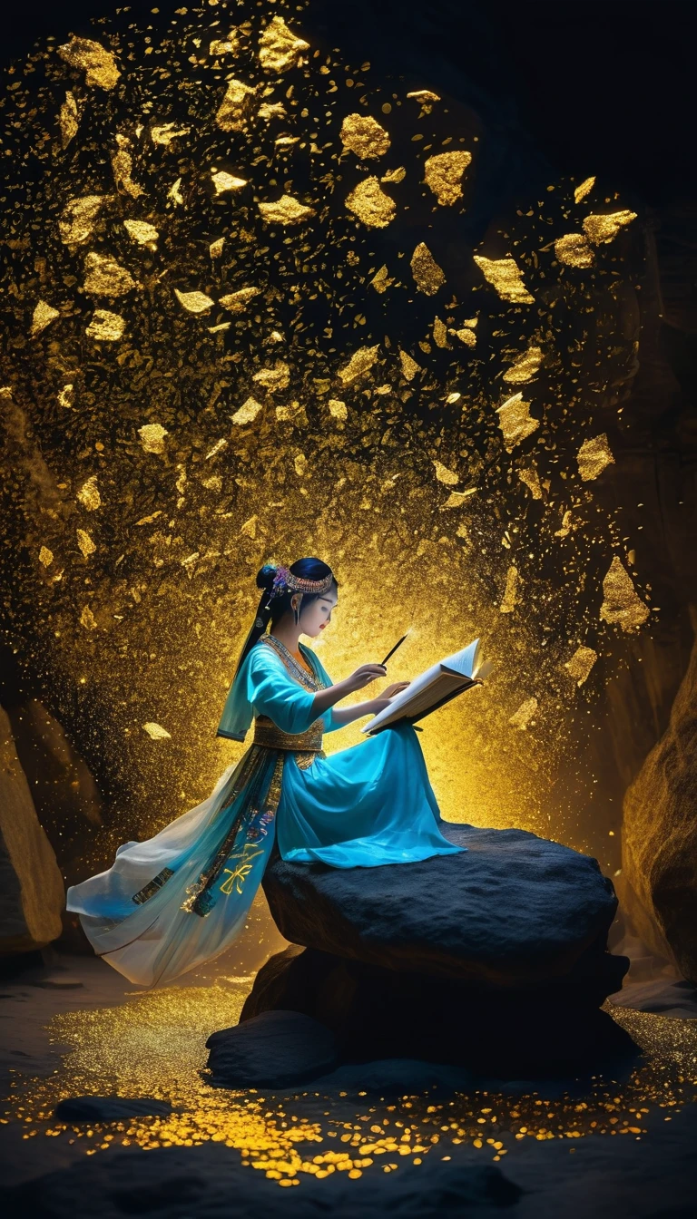 A woman in ancient costume in the air，Writing gold glitter text，transparent，Pages，Formation，通天transparent金色Pages，Mysterious atmosphere，grand，bioluminescence，top lighting，look up，Colorful light and shadow，Rock painting，Romantic ancient style