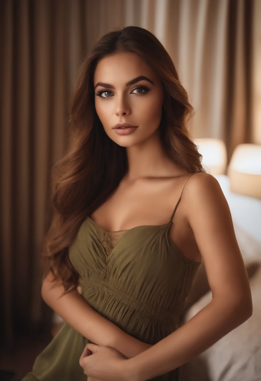 Hispanic woman completely , fille sexy aux yeux vert, ultra realistic, meticulously detailed, Portrait de Sophie Mudd, chestnut hair and big eyes, selfie d&#39;une jeune femme, The eyes of Dubai, Violette Myers, sans maquillage, maquillage naturel, regarder directement la caméra, Visage avec Artgram, Maquillage subtil, Great photo of the whole body kneeling on the bed, dans la chambre, Medium to large bust