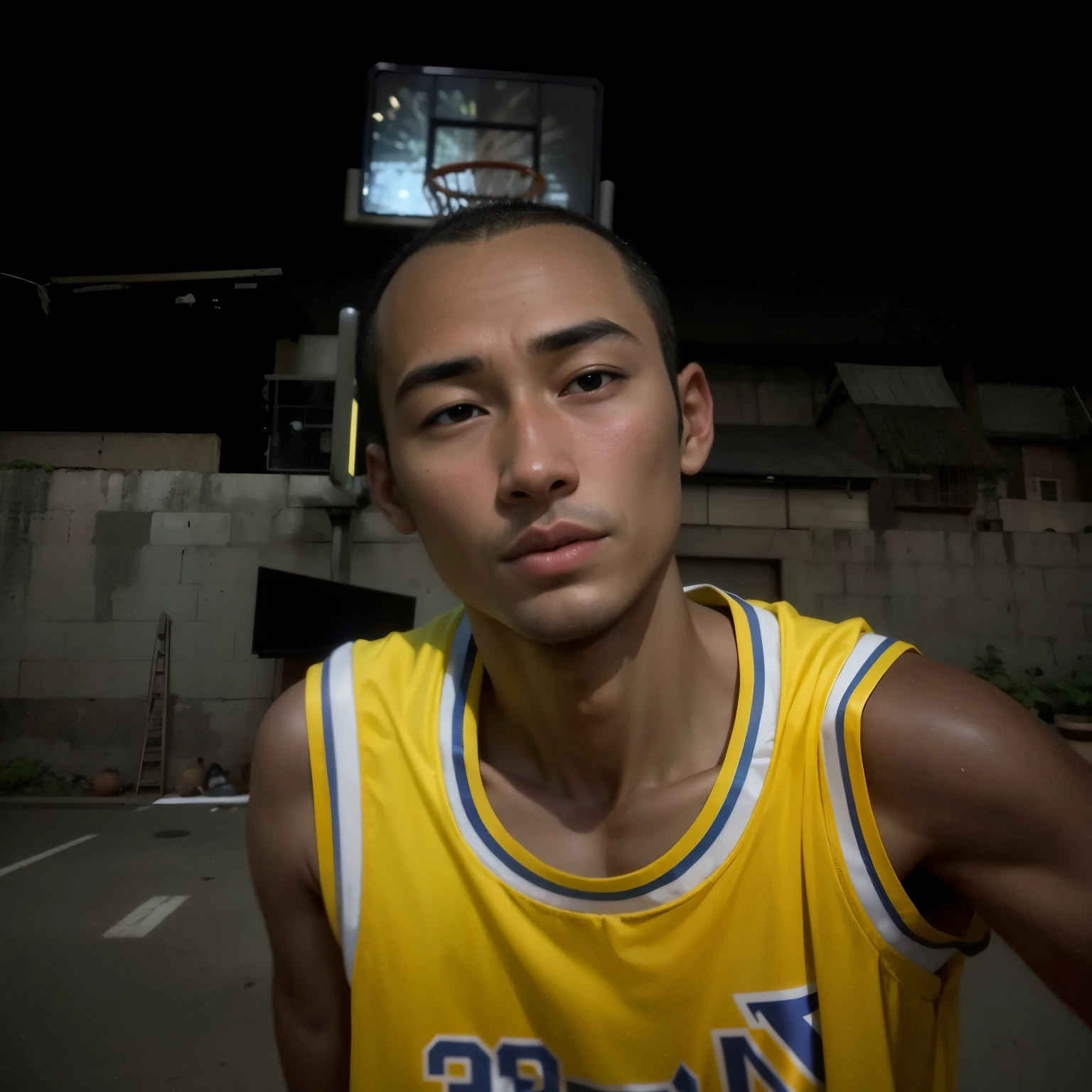 arafed man in a yellow jersey with a basketball hoop in the background, wearing basketball jersey, face shot, 1 7 -  - old  thin face, potrait, shaven face, long chin, thawan duchanee, 2 7 years oungine, large forehead, buzzed hair on temple, bigger forehead, full head shot