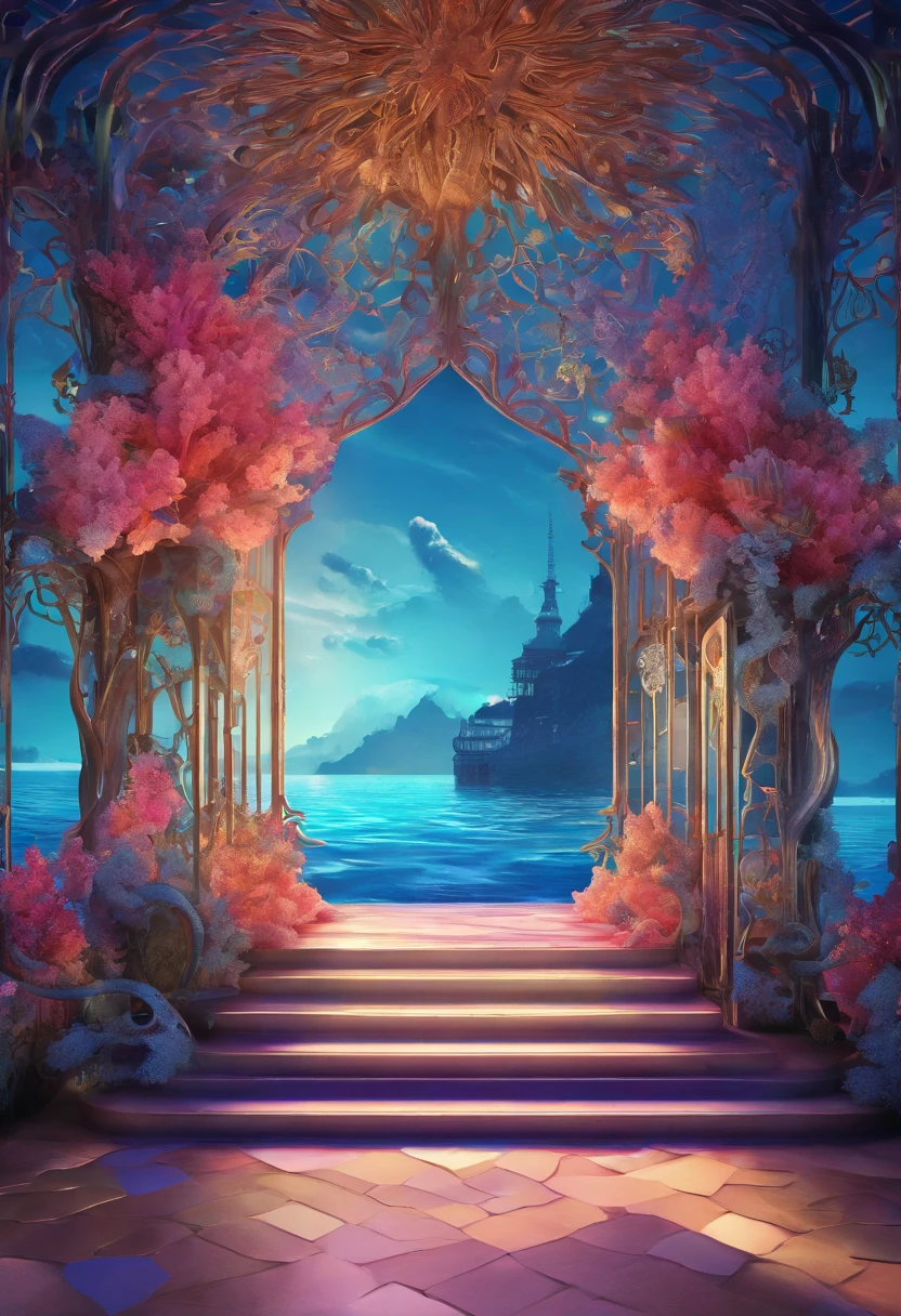 Virtual stage design, house, Installation of corals over the blue ocean, Galvanized fiberglass with rainbow gradient, Surreal visual representation, Magnificent architecture, unique, difficult, exquisite details,（blender, OC rendering, natural light, ray tracing, 8 k）