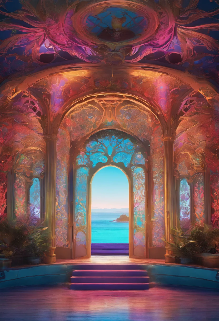 Virtual stage design, house, Installation of corals over the blue ocean, Galvanized fiberglass with rainbow gradient, Surreal visual representation, Magnificent architecture, unique, difficult, exquisite details,（blender, OC rendering, natural light, ray tracing, 8 k）