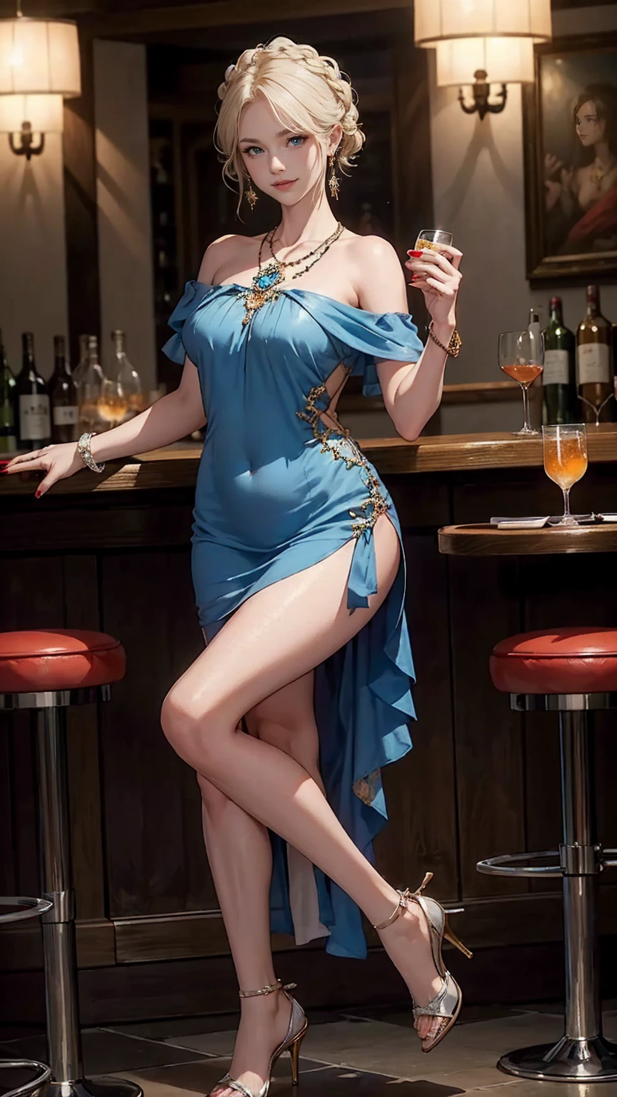 (highest quality, High resolution, masterpiece :1.3), 25 year old white woman、platinum blonde、blue eyeedium long hair、my hair is wavy、smile、Slender but well-proportioned muscular body、I'm wearing earrings、I'm wearing a necklace、Wearing accessories on wrists and ankles、I'm wearing a ring、I don't want my head to disappear from the screen.、Wearing red nail polish、I have a peticure、smile、I'm punching my chest、nice buddy、big breasty abs are cracked、I can see my bellybutton、She's wearing a one-shoulder ruffled dress、wearing high heels、Sitting at the bar in a fancy hotel、Drink cocktails
