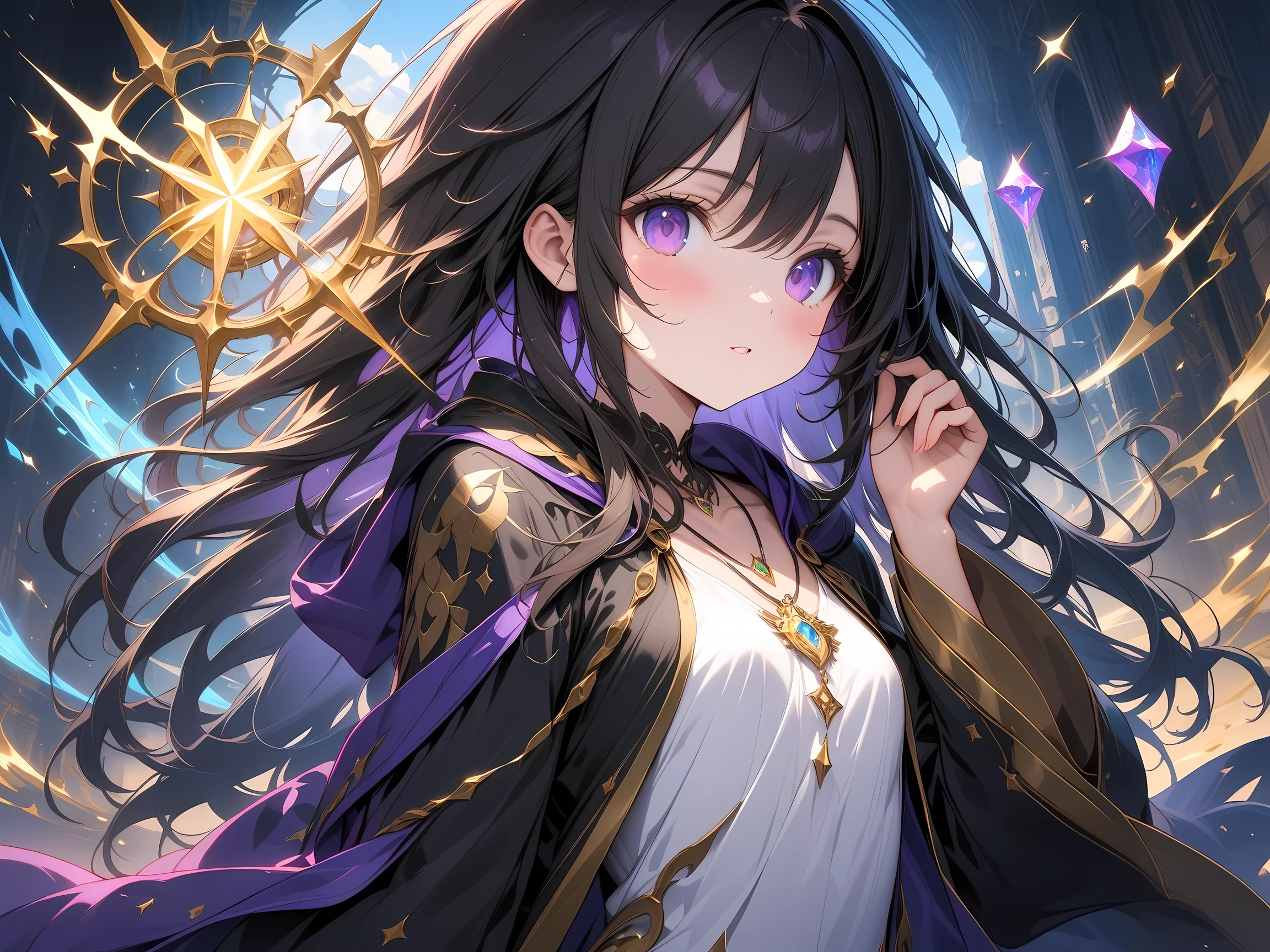 ((masterpiece, best quality, ultra-detailed, an extremely delicate and beautiful)), ((extremely detailed CG unity 8k wallpaper)), ((award winning, ccurate, UHD, textured skin, chromatic aberration, perfect anatomy, Fujicolor)), (concept art, fantasy art), ((((fantasy))), 1 witch with a hat, small breast, , young sister taste, jet black long hair, purple eyes, wearing a magic robe with a gold pendant, pure cute girl, shining, exquisite attention to detail, ((perfect_composition, perfect_design, perfect_layout, perfect_detail, ultra_detailed)), ((aesthetic harmony))